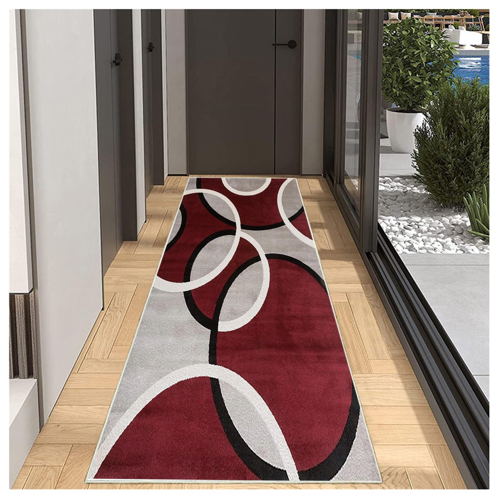 Tappeto Runner Ingresso Antiscivolo Lavabile, Bordeaux e Grigio, Tappeto Passatoia Cucina Moderno, Pelo Corto,2.5 metri Personalizzabile, per Soggiorno, Camera da Letto, Corridoio,60x250cm