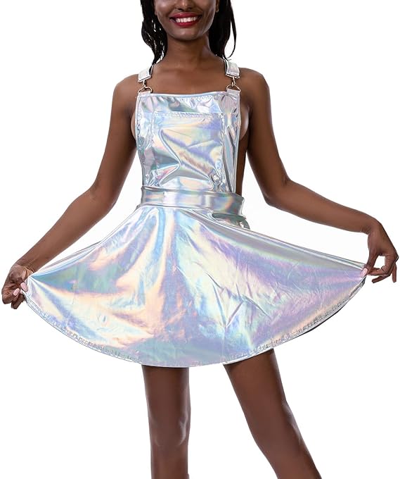 Women's Metallic Sleeveless High Waist Holographic Party Dress Shiny Metallic Skater Mini Dress Festival Rave Outfits