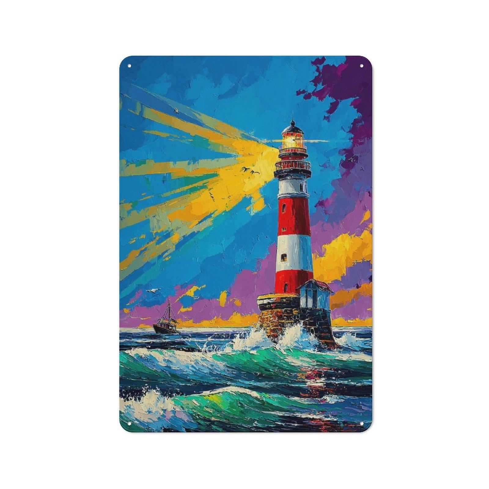 Junmoney Colorful Lighthouse At Sunset Decorative Tin Sign With Design 30X20cm, Farmhouse Cottage Wall Art For Farmhouse Kitchen, Pantry Or Dining Area