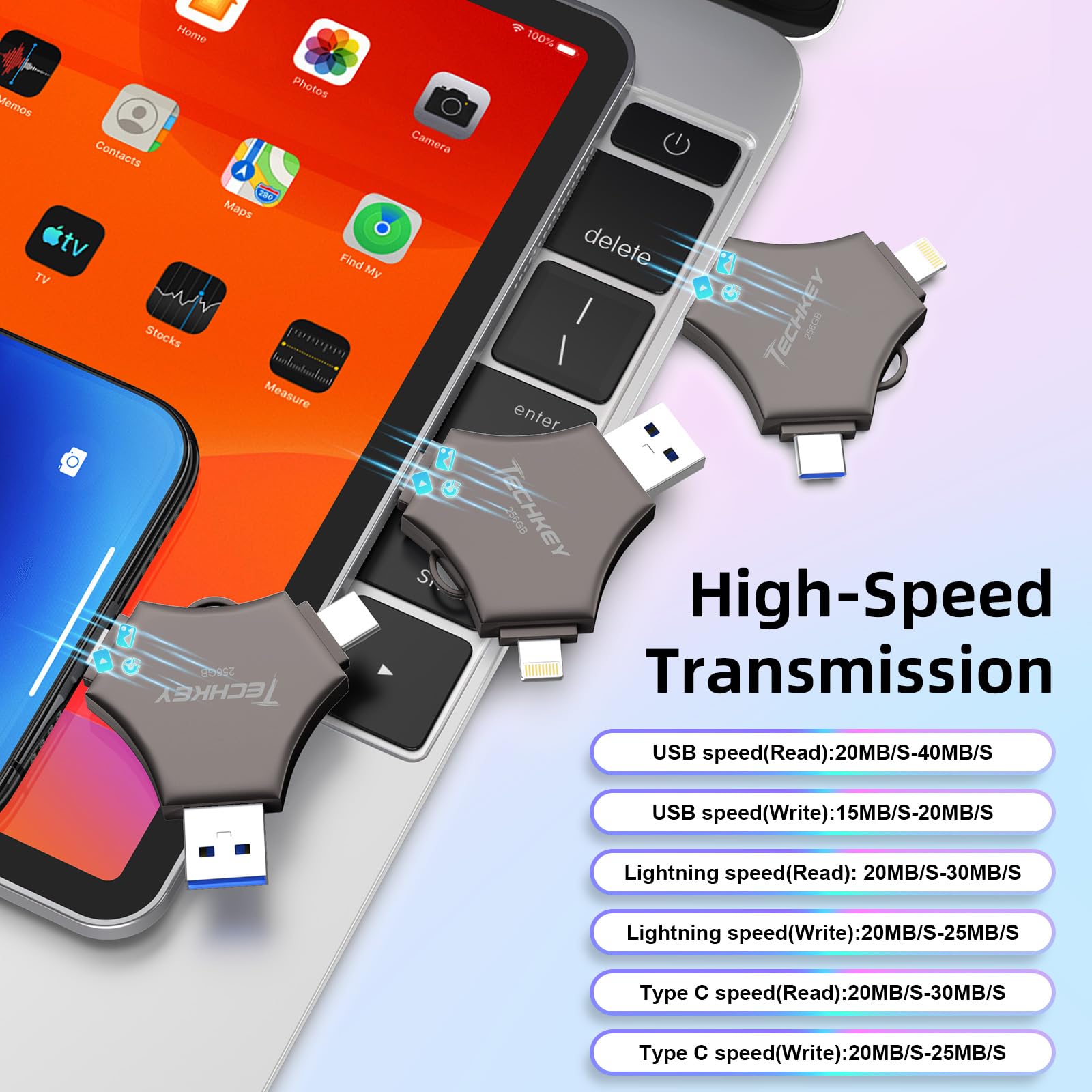 Chiavetta USB 3.0 certificata MFi da 256 GB per iPhone, memoria esterna 3 in 1 per foto, video, salvataggio dati, backup, ad alta velocità, per iPad/Android/PC (nero)