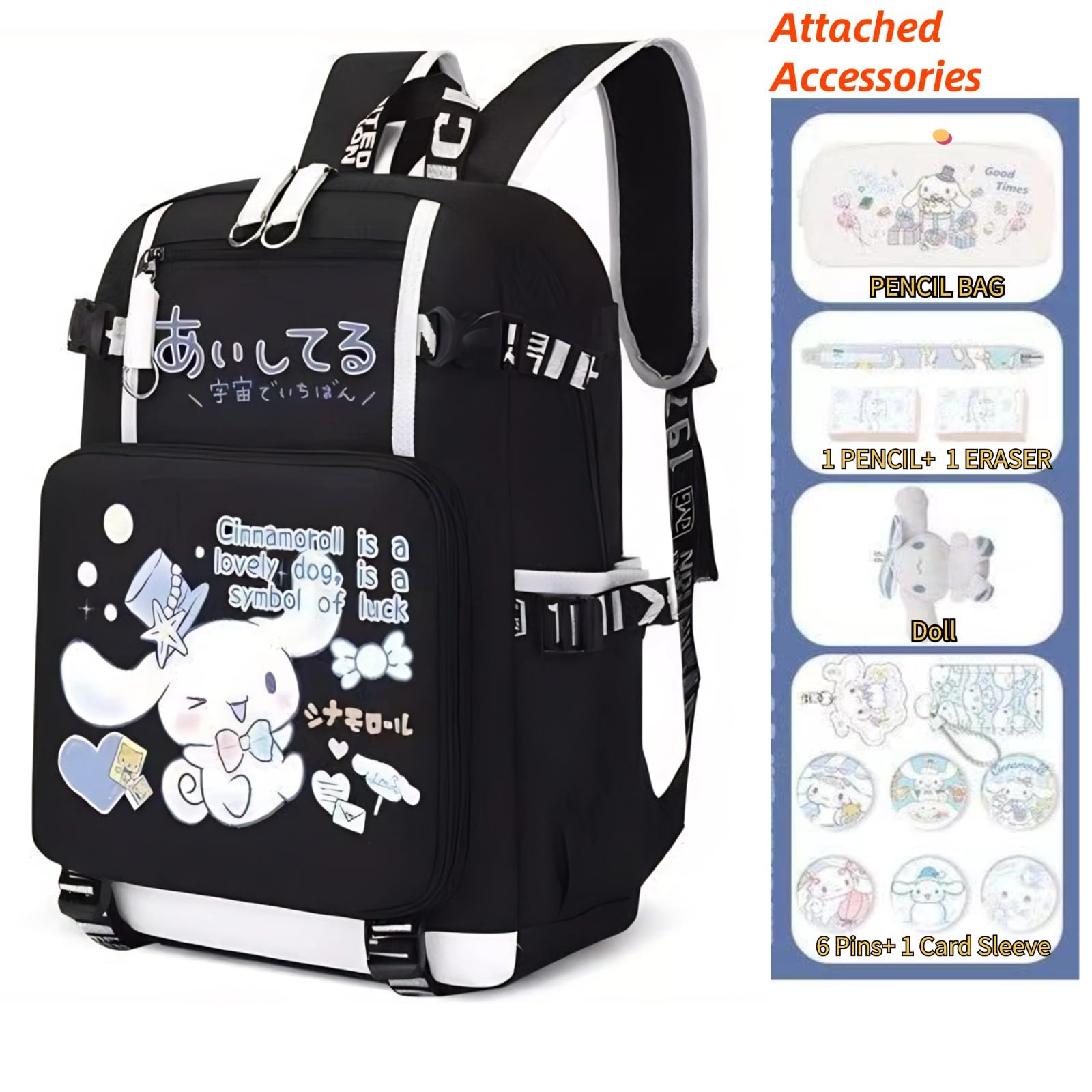 Vivixilan Kawaii Backpack with 12Pcs Accessories Anime Cartoon Anti-Theft Travel Aesthetic New Semester Gifts Bag with Cute Pins