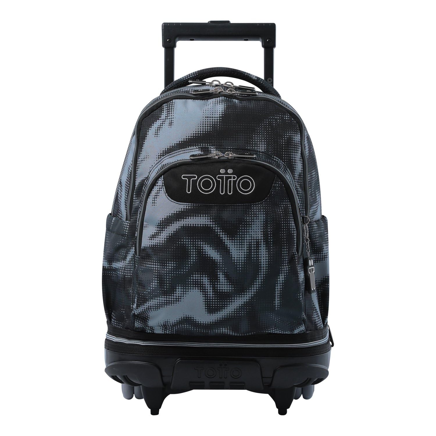 TOTTO Mochila Escolar con Ruedas Desmontables, Modelo Tiza, Capacidad 26 L, Mochila PC 15.4", Bolsillo Botella, Manija Telescópica, Espaldar Ergonómico y Correas en S, Estampado Bluc Negro
