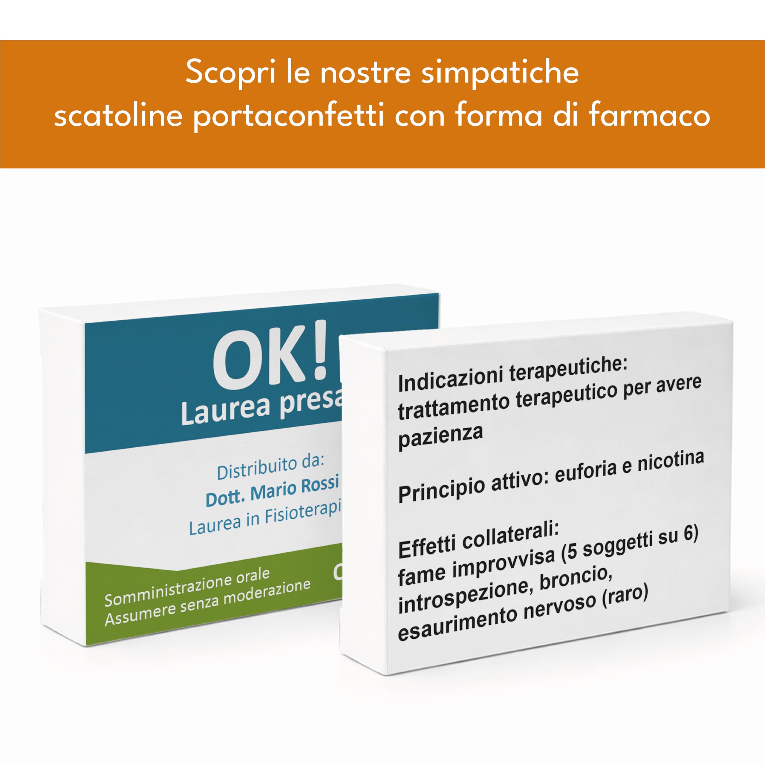Scatoline Portaconfetti Bomboniere Personalizzabili Modello Farmaco per Laurea, Compresse, Carta, 9x7x2 cm, 24 Pezzi (Ok!)
