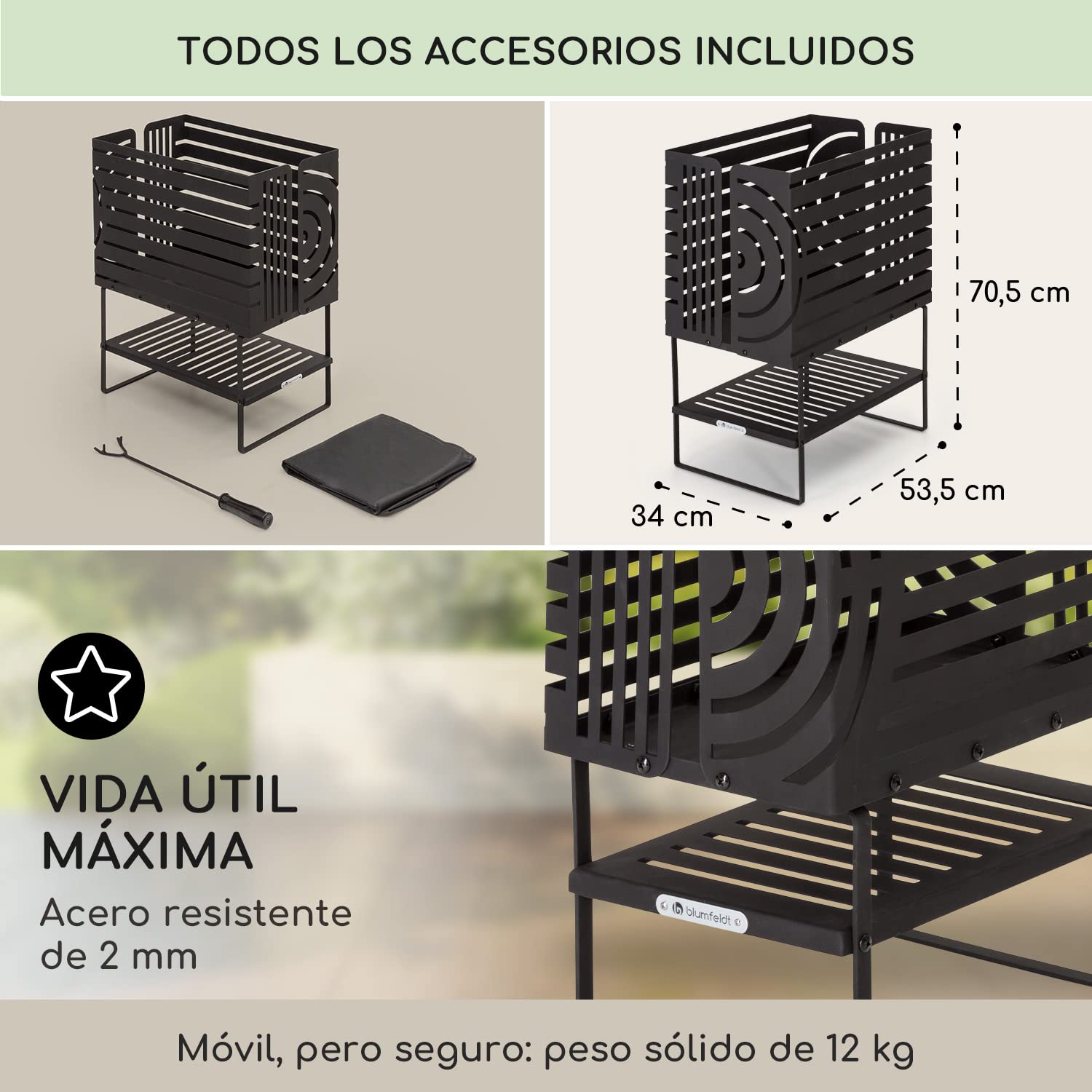 Blumfeldt Brasero Exterior, Estufas de Leña para Jardín Portátil con Stand, Estufa Exterior para Usarla en Jardín, Terraza, Patio y BBQ, Quemador de Leña de Acero Camping Muy Resistente