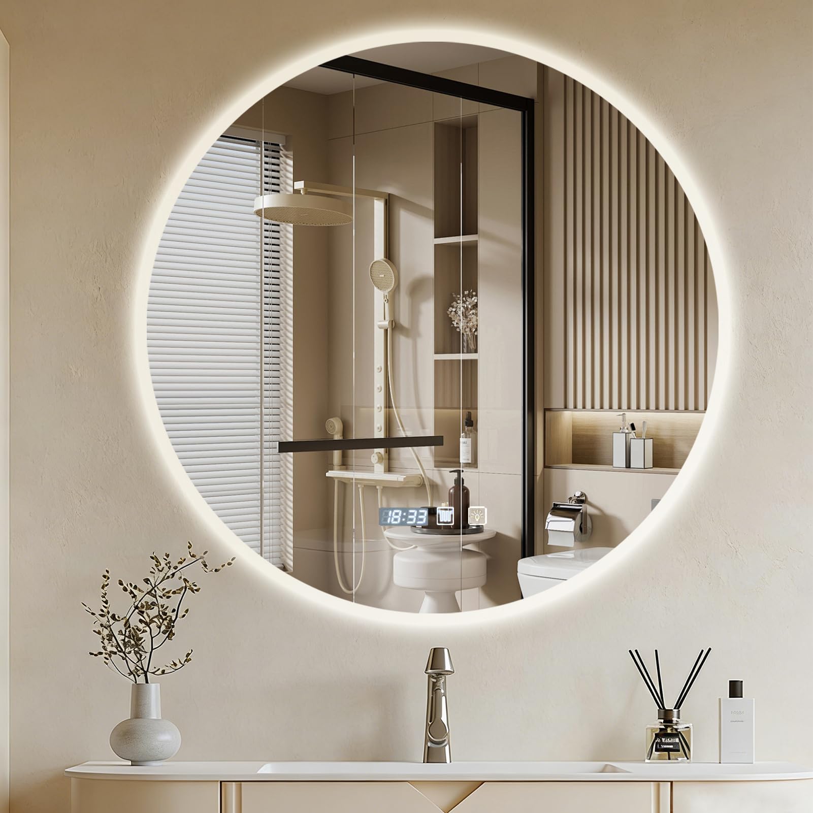 600 x 600mm Espejo de Baño con Iluminación Regulable 3000K 4500K 6500K | Tiempo Interruptor Táctil Función Antivaho IP44 Impermeable con Luz para Hotel Hogar Forma de Redondo