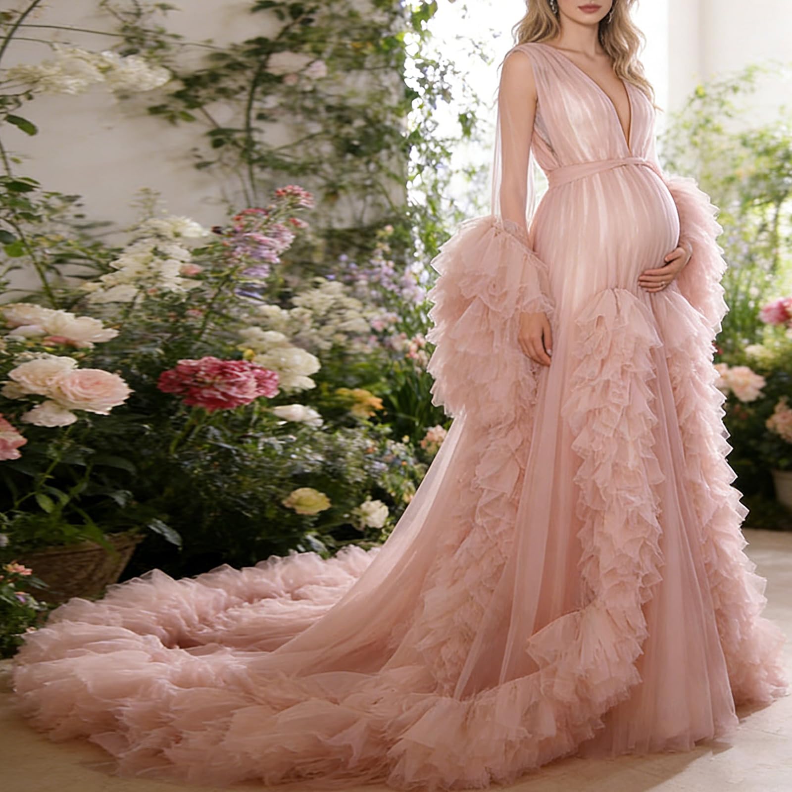 Elegante vestido de maternidad con malla de poliéster transpirable para fotografía de embarazo y eventos especiales. Vestido elegante