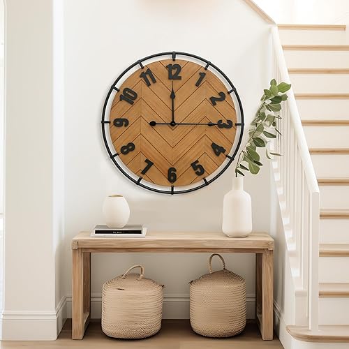 Miniatura 2 de Micasso Reloj de pared de granja grande reloj silencioso de madera antigua rústica de 27 pulgadas con círculo de metal y números grandes para sala