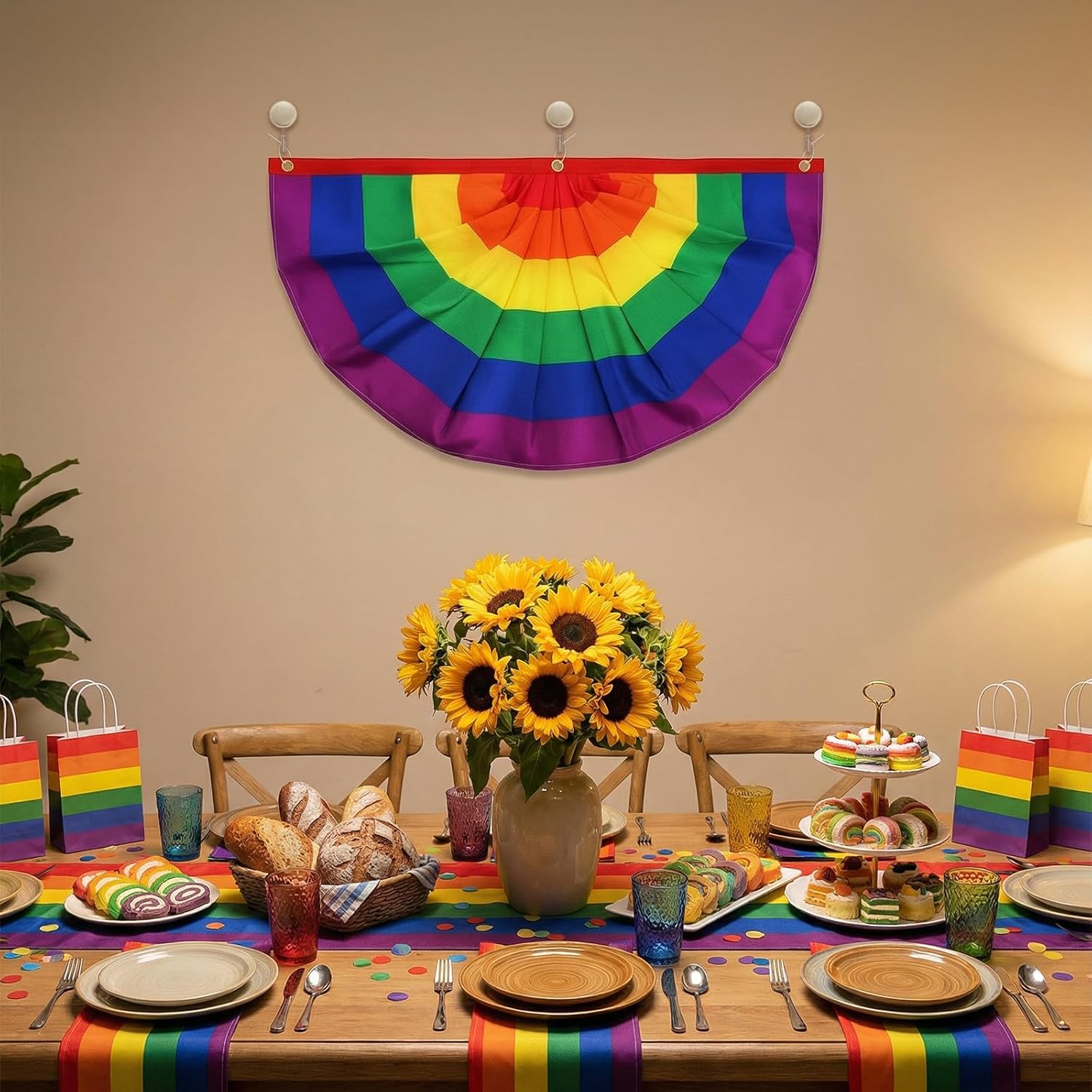 Fasmov 10 Pieces Pride Bunting Flag, 1.5 x 3 Ft Rainbow Pleated Fan Flag Banner Rainbow Polyester Flag, Rainbow Flag Bunting for Holiday Indoor Outdoor Hanging Decor