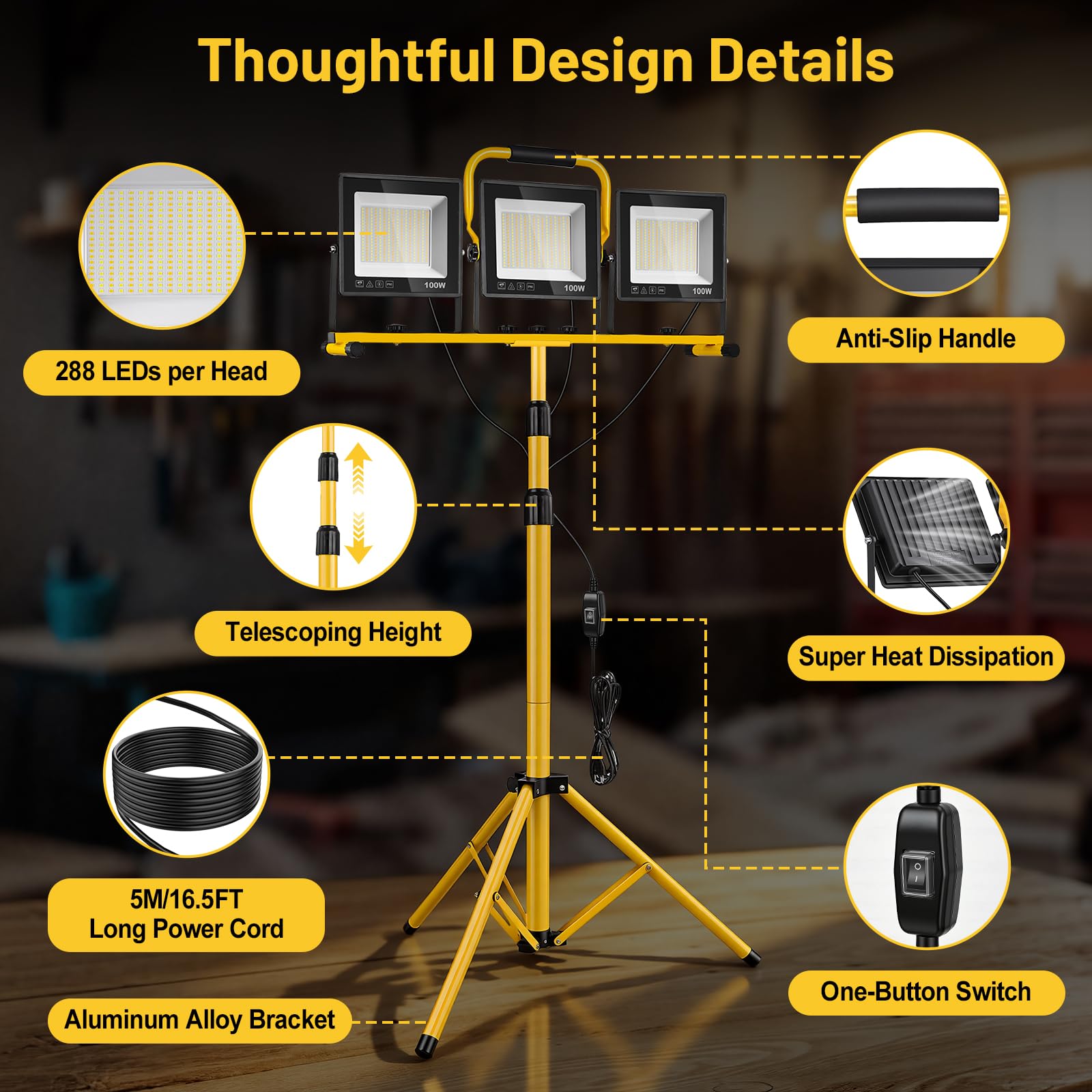 Yofuly 3x 100W Foco LED de Trabajo, 3 Modos de Temperatura de Color, Foco de Construcción 23.000 LM con Trípode Telescópico Ajustable, Foco para Obras IP66 Impermeable, Cable de 5M para Exteriores
