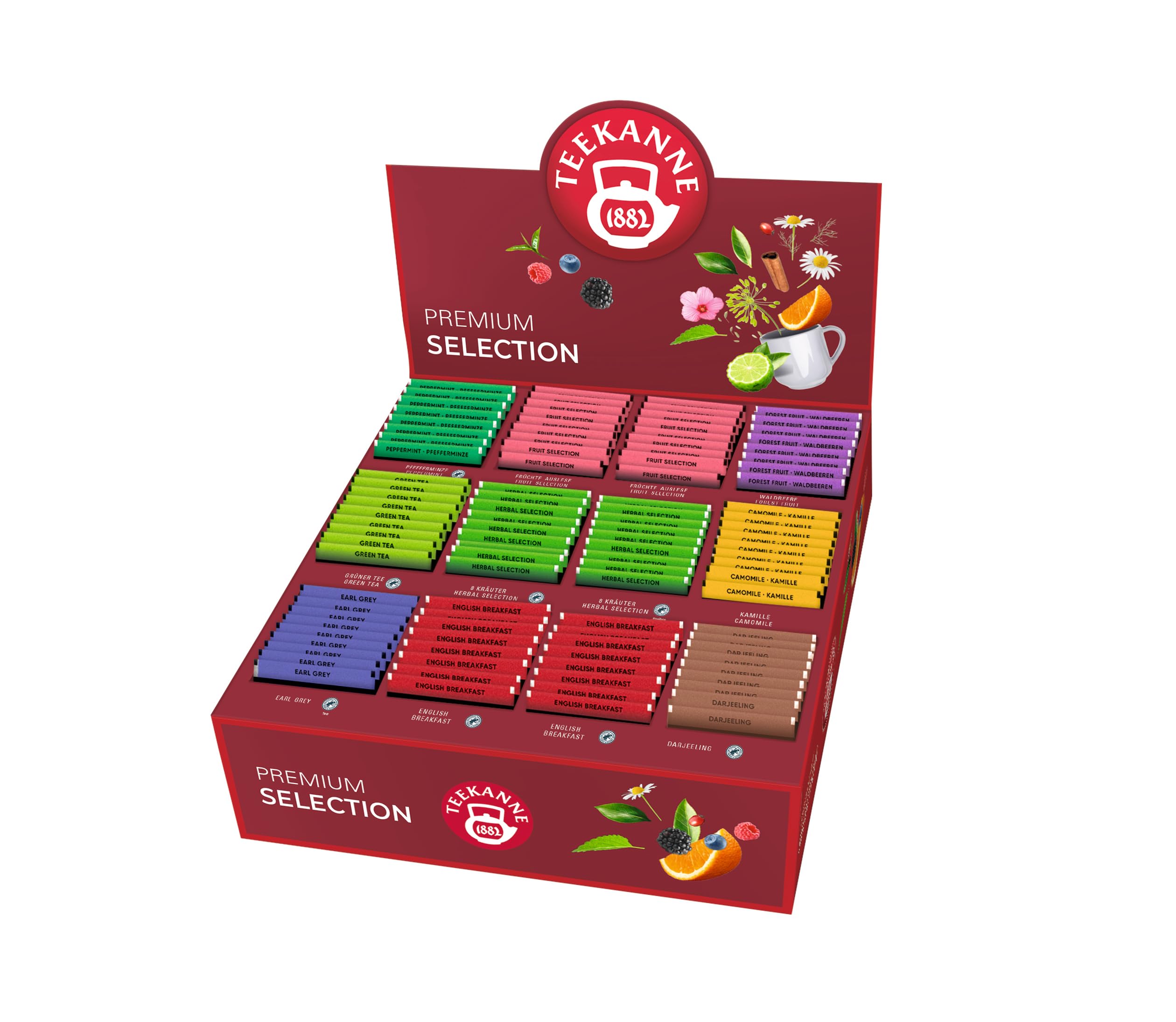 TEEKANNE Tee Sortimentsbox 180 Beutel, Premium Geschenkidee – 9 Sorten Schwarztee, Kräutertee & Früchtetee – English Breakfast, Earl Grey, Grüntee, Pfefferminze, Kamille – Rainforest Alliance