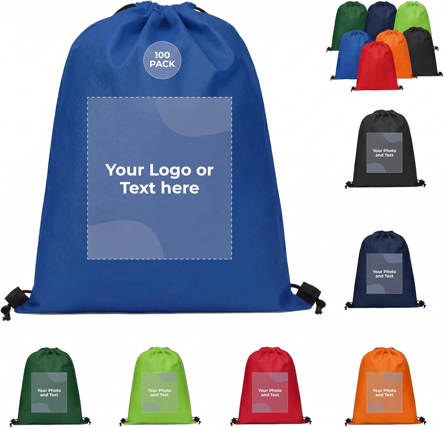 Custom Drawstring Backpacks with Logo or Text, Pack of 100, Royal Blue, Water-Resistant, Personalized Promotional Bags for Branded Giveaways, Corporate Events, Trade Shows, Conferences