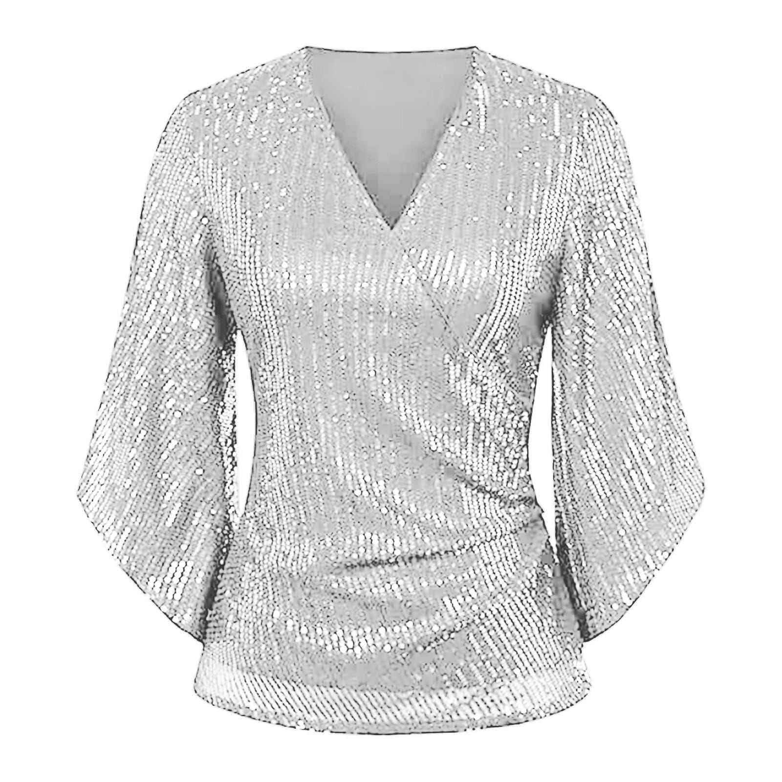 T-shirt à Paillettes Pour Femme 2024 - Manches 3/4, Col En V, Matière Polyester Brillante - Haut Habillé Pour Soirée Ou Quotidien