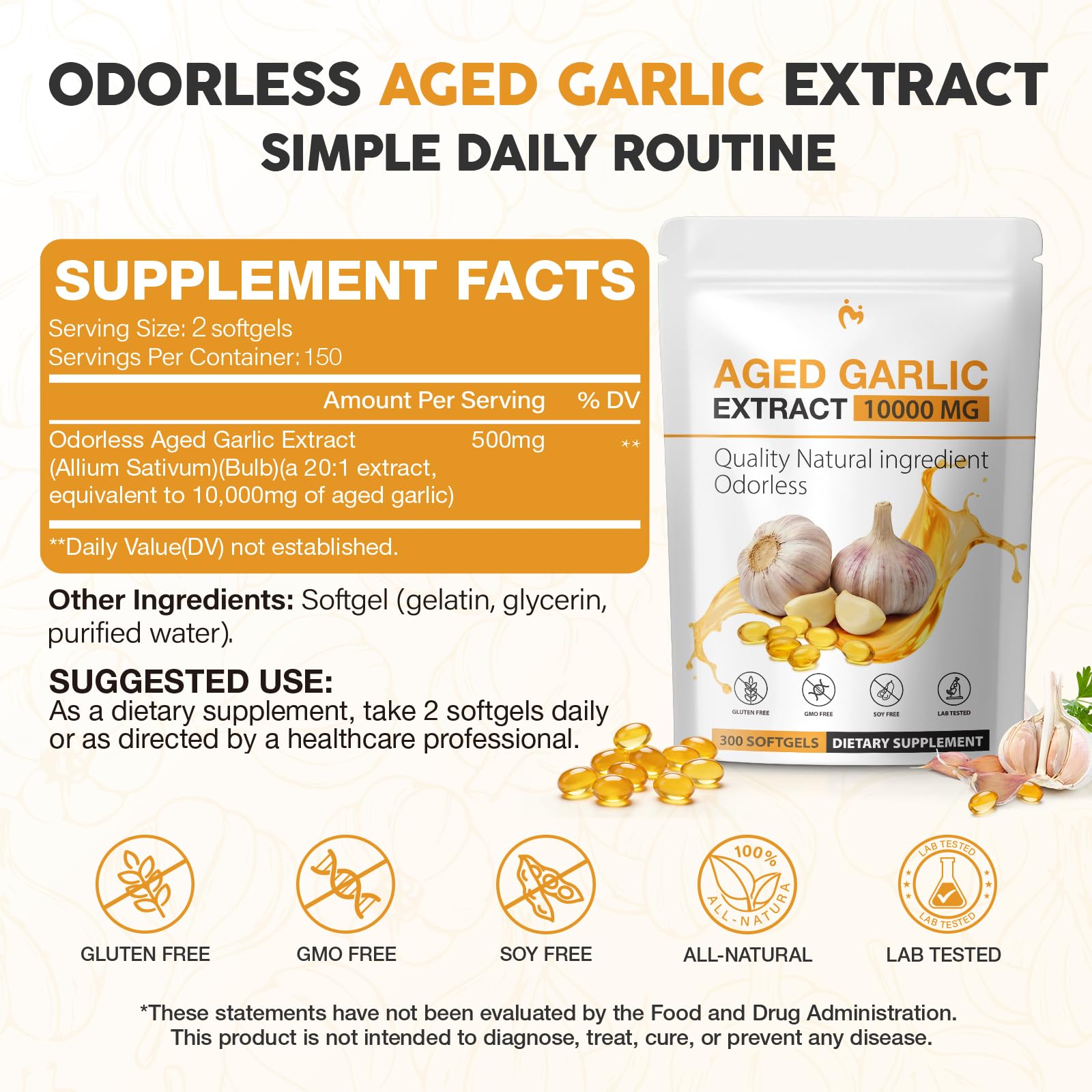 Aged Garlic Extract - 10,000mg Odorless Garlic Supplements for Heart & Immune Support – 2-Year Aged Garlic Extract Capsules Non-GMO, Gluten-Free, All-Natural, Antioxidant, 300 Softgels — Amazon image 8