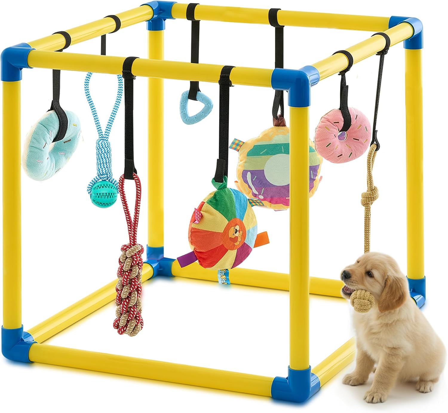 Soulchen Puppy Play Gym with 8 Hanging Toys, Small Dogs Enrichment Interactive Toys 16.5 Inch Pets Indoor Jungle Gym PVC Frame with Bungee Straps Enrichment Activity Center