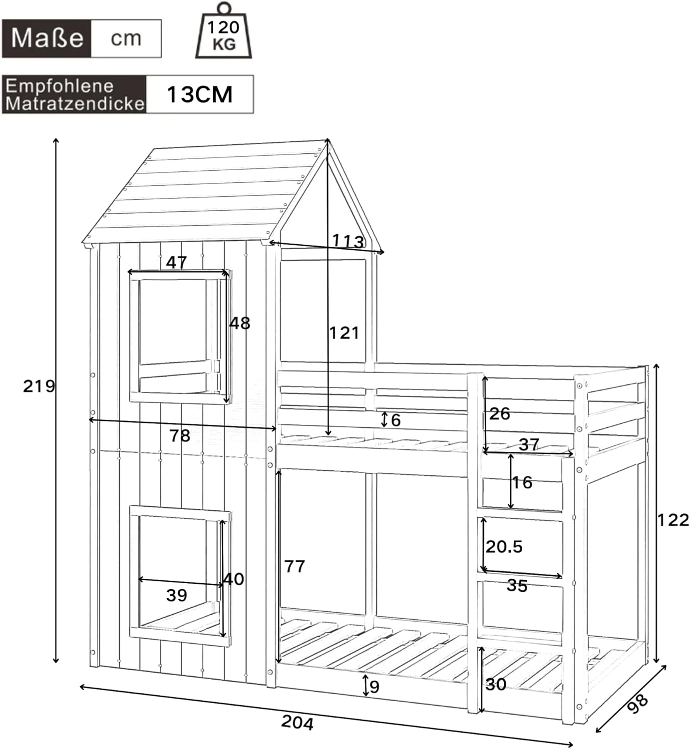 Moimhear Bunk Bed Playhouse detailed dimensions diagram