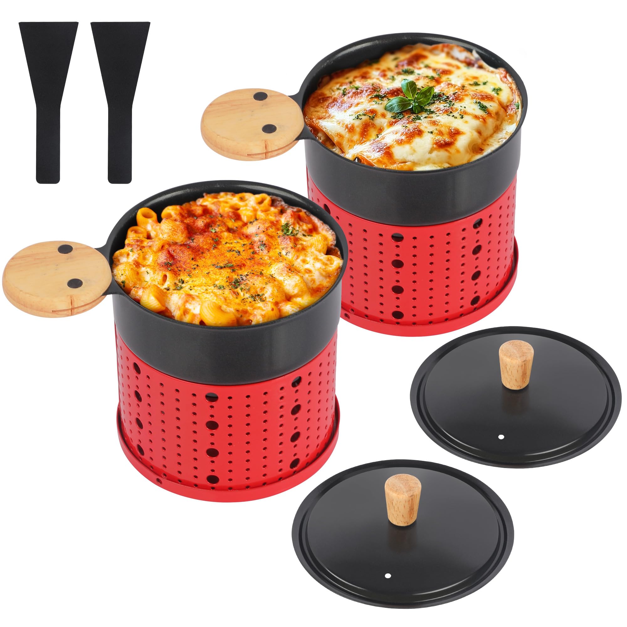 ipow 2er Set Mini Raclette Grill, Racletteofen Set antihaftbeschicht Kerzenraclette für Teelichter, Mini Raclettes, Teelicht-Raclette mit 2 Schaufeln und Deckel, Rot