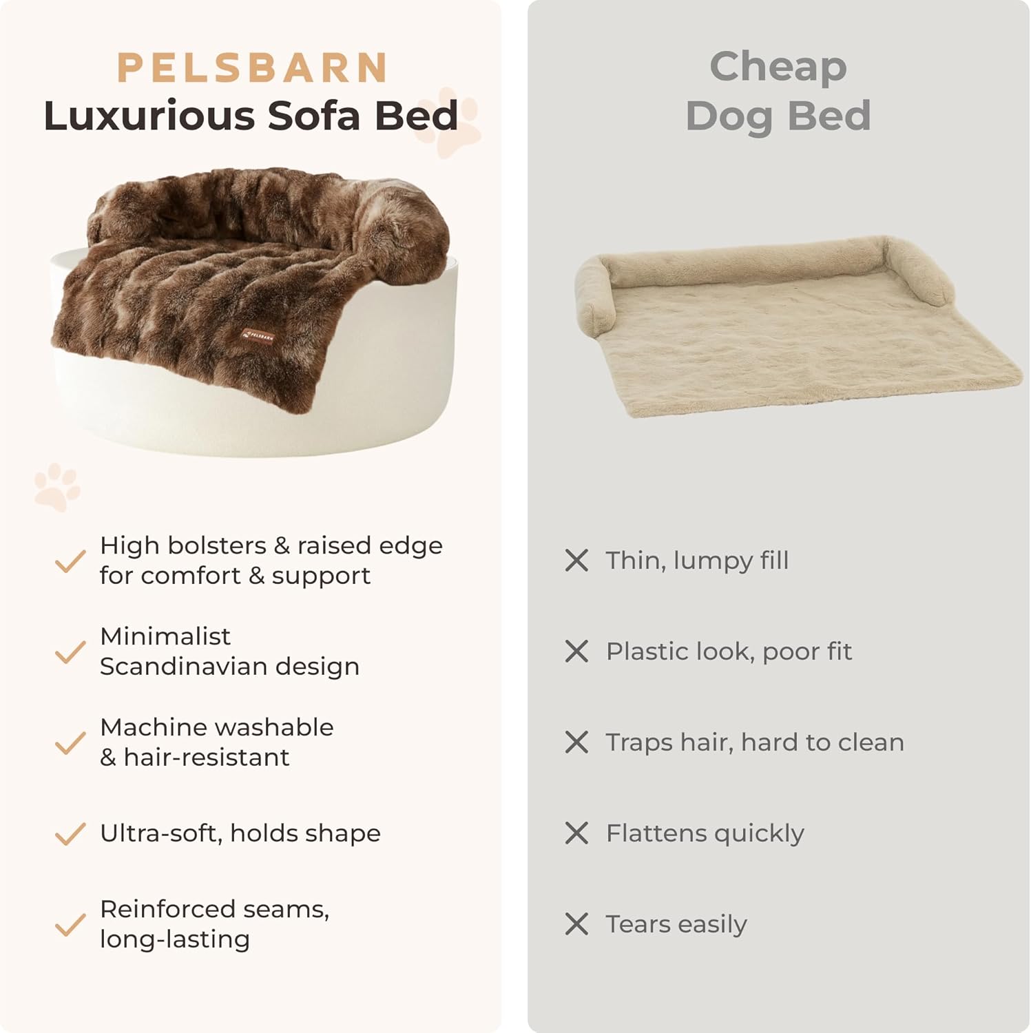 Pelsbarn Dog Bed for Couch, Luxurious Sofa Bed for Dogs with Non-Slip Oxford Bottom - Faux Rabbit Fur with Removable Cover, Large, Latte Swirl Color - 33x33 in