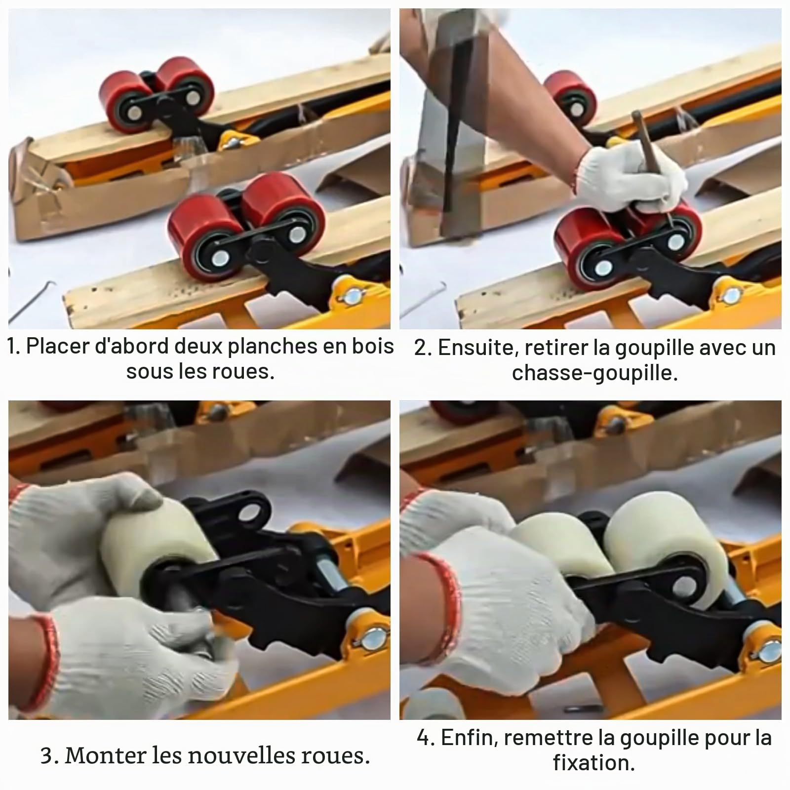 4 roues de transpalette en polyuréthane, 80 x 60 mm, axe de 20 mm, inclut roulements à billes pour transpalettes, charge maximale de 550 kg