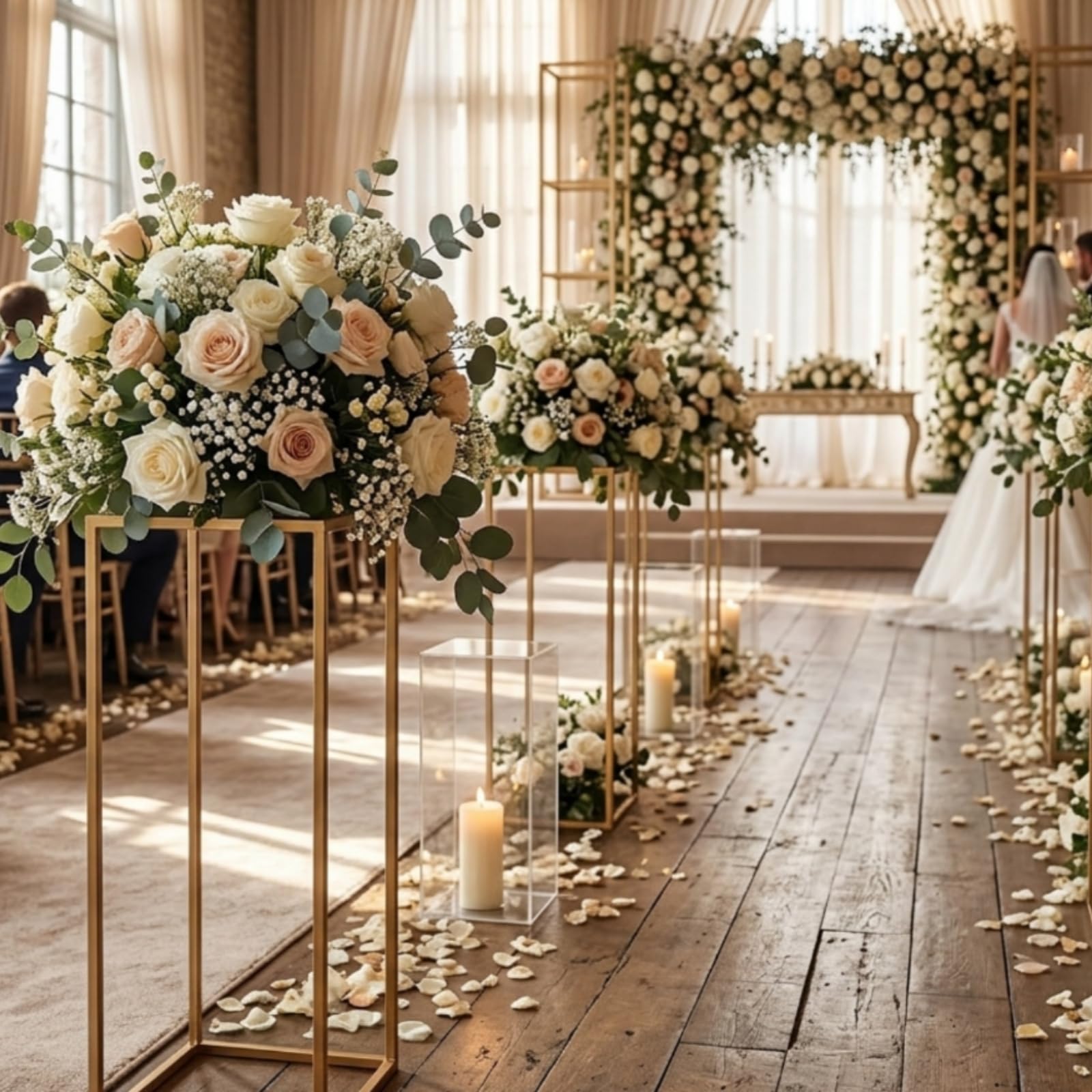 Wedding Decorative Frame Supporto Geometrico Stand Piedistallo Colonna in Finitura Oro per Centrotavola Floreali E Oggetti Espositivi Adatto per Matrimoni Cerimonie Eventi Ristoranti , 22 22 40 Cm
