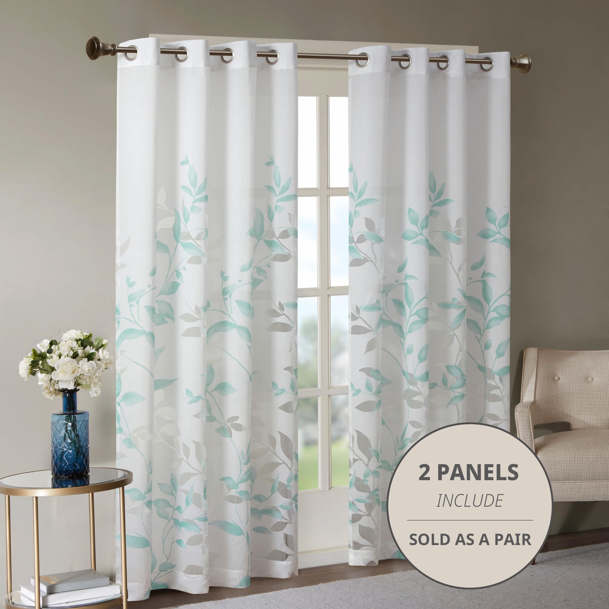 Madison Park 2 Panel Semi Sheer Curtain for Living Room Window Lightweight Burnout Botanical Print Bedroom Curtains - Image 2