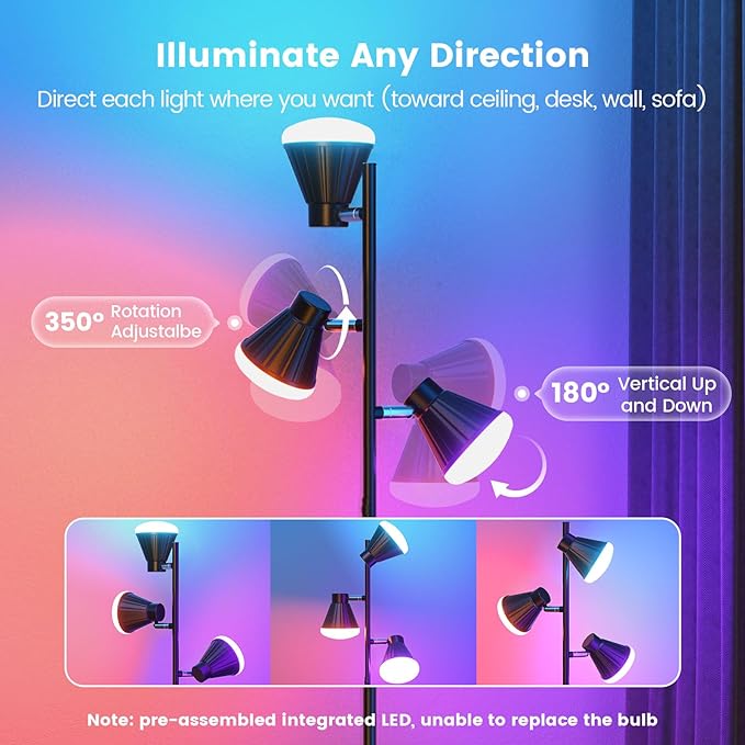 SIBRILLE RGB Floor Lamp, 36W LED Dimmable Standing Lamp with 3 Swivel Lights, Color Changing Tall Lamp with Remote, Stepless Dimmable Modern Floor Lamps for Living Room, Bedroom, Gaming Room,Office photo 3