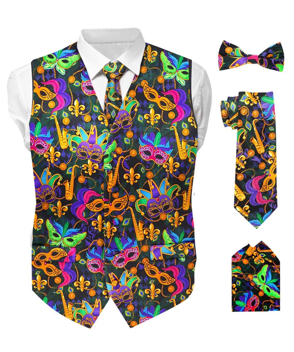 Mardi Gras Vest 4PC Set - Vest, Necktie, Bowtie & Pocket Square