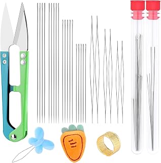 SUVSOON 29 Pcs Beading Needles Set, 19 Pcs Big Eye Needles & 6 Pcs Long Straight Needle & Scissor & Thimble, Bracelets Necklaces Jewelry Making for Beading Supplies