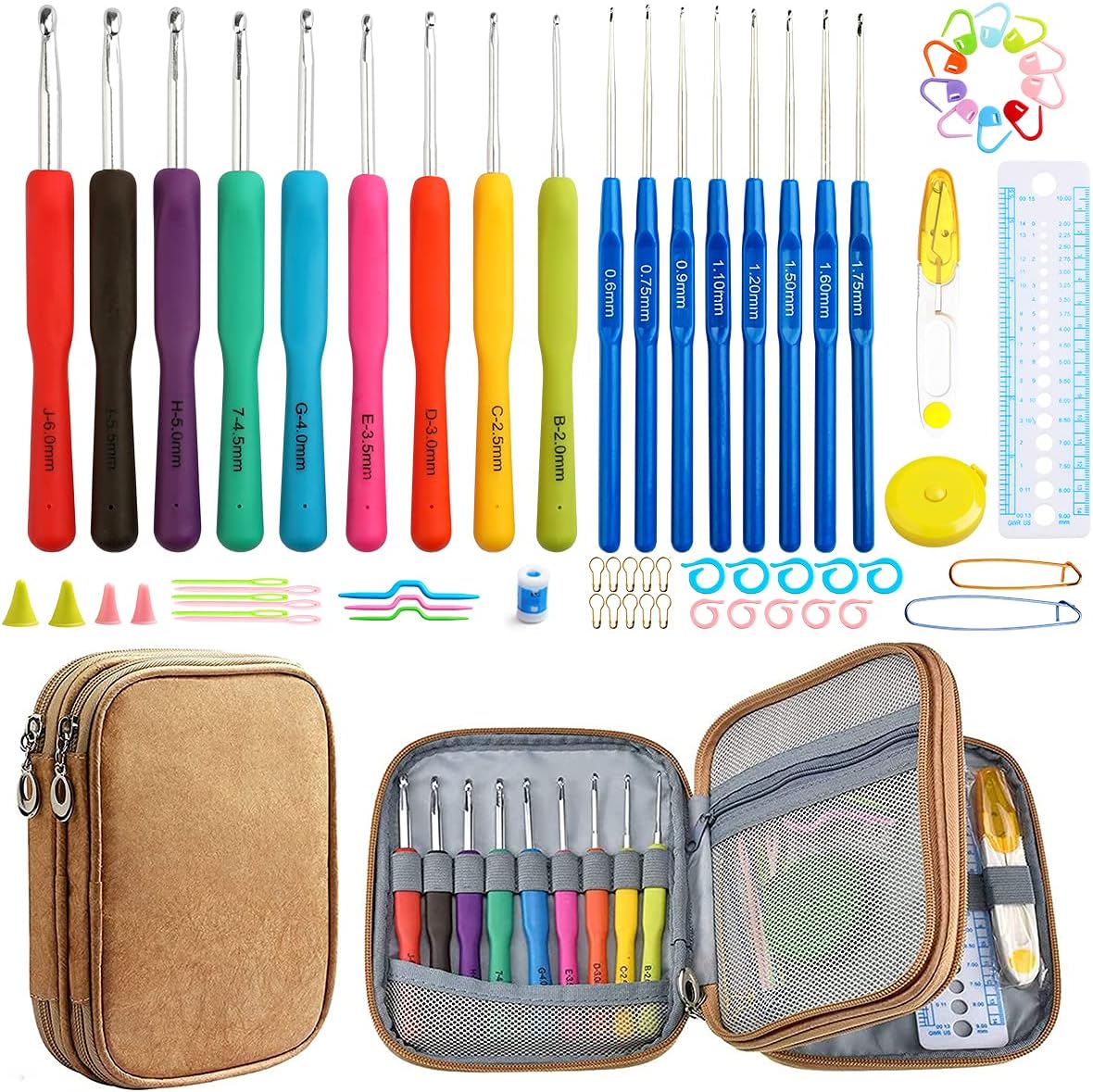 Looen Crochet Hooks Set-Yarn Needles Coloured Aluminum with Storage Case Rubbery Handle Ergonomic Comfort Grip DIY Craft Handmake Kit 47pcs