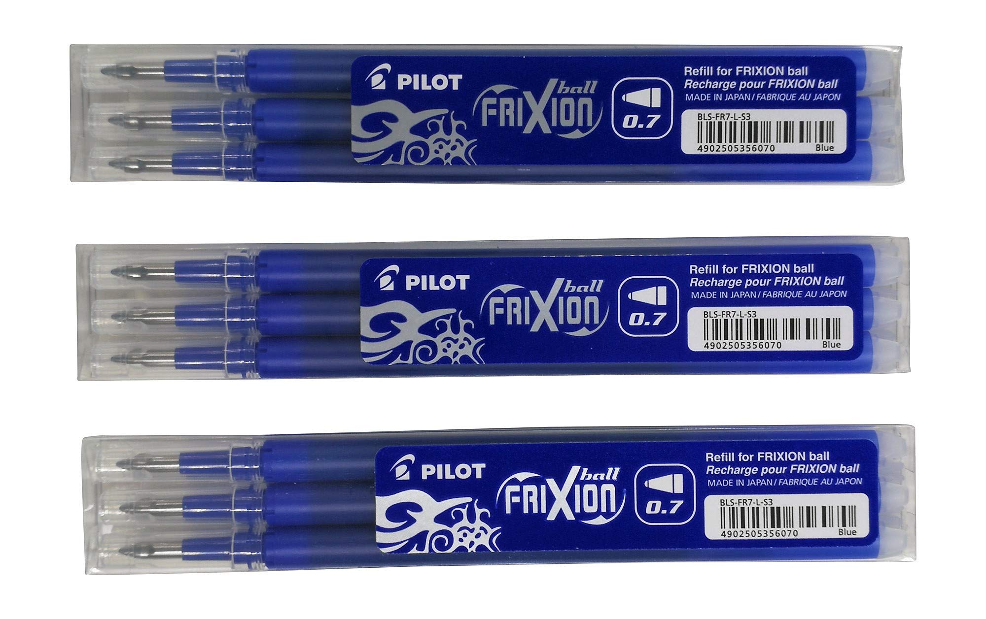 Pilot Frixion erasable pens refill, 9 refill bundle Blue color gel ink fine point 07 (Blue)