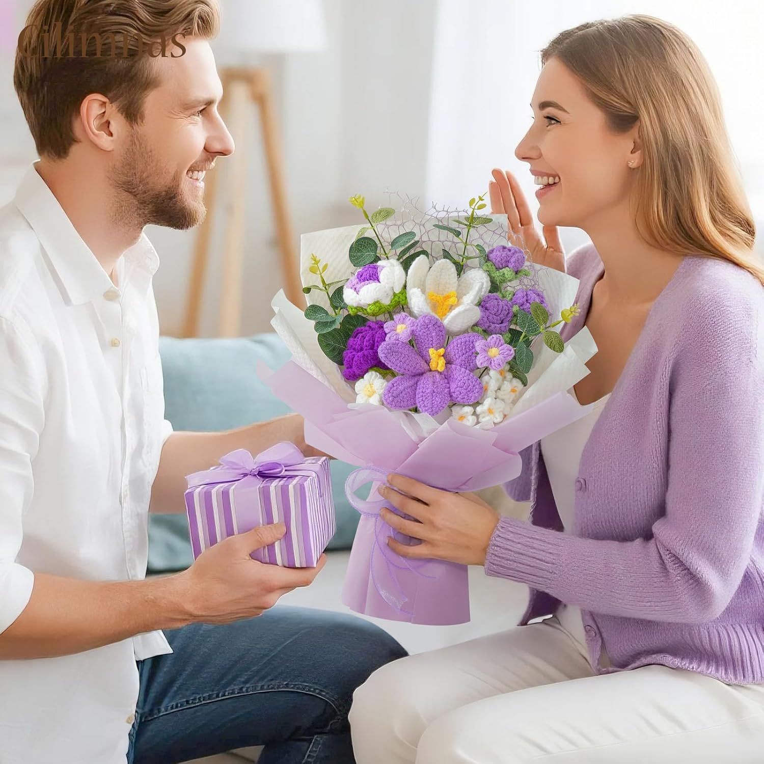 Crochet Flower Bouquet,Purple Knitted Flowers, Handmade Tulips Roses Bouquet for Birthday Party Mother's Day Graduation Gifts(With Card) - Image 3