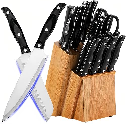 ANDONG Juego de cuchillos de cocina prémium con bloque y afilador, juego de 19 piezas, cuchillos de cocina de acero inoxidable aptos para