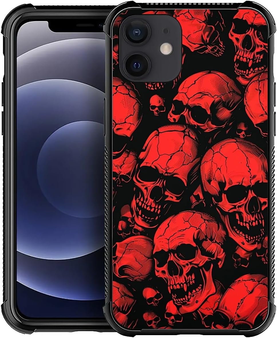 for iPhone 12 12 Pro Case, Shockproof Protective for Man Women Non-Slip for iPhone 12 12 Pro Horror Manga Style Red Skulls Crazy Pattern