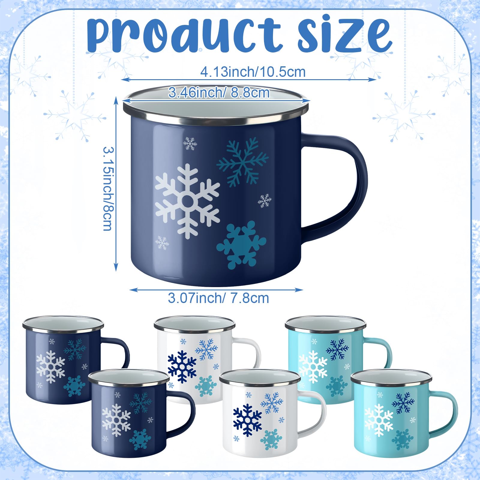 Baderke Emaille-Tassen-Set für den Winter, 325 ml, Schneeflocke, Weihnachten, Emaille-Tassen, blau und weiß, Schneeflocken-Trinkbecher mit Griffen, für heiße Schokolade, Urlaub, Party, Geschenkzubehör