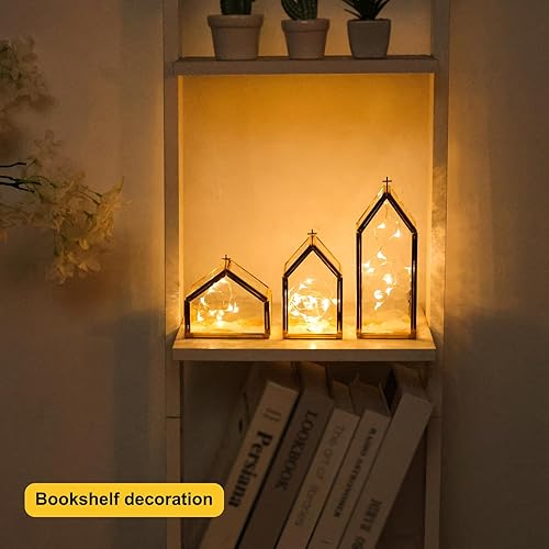 Miniatura 8 de Juego de 3 portavelas de cristal dorado con marco de metal de cobre y diseño de cruz, portavelas decorativos de Navidad para centro de mesa,