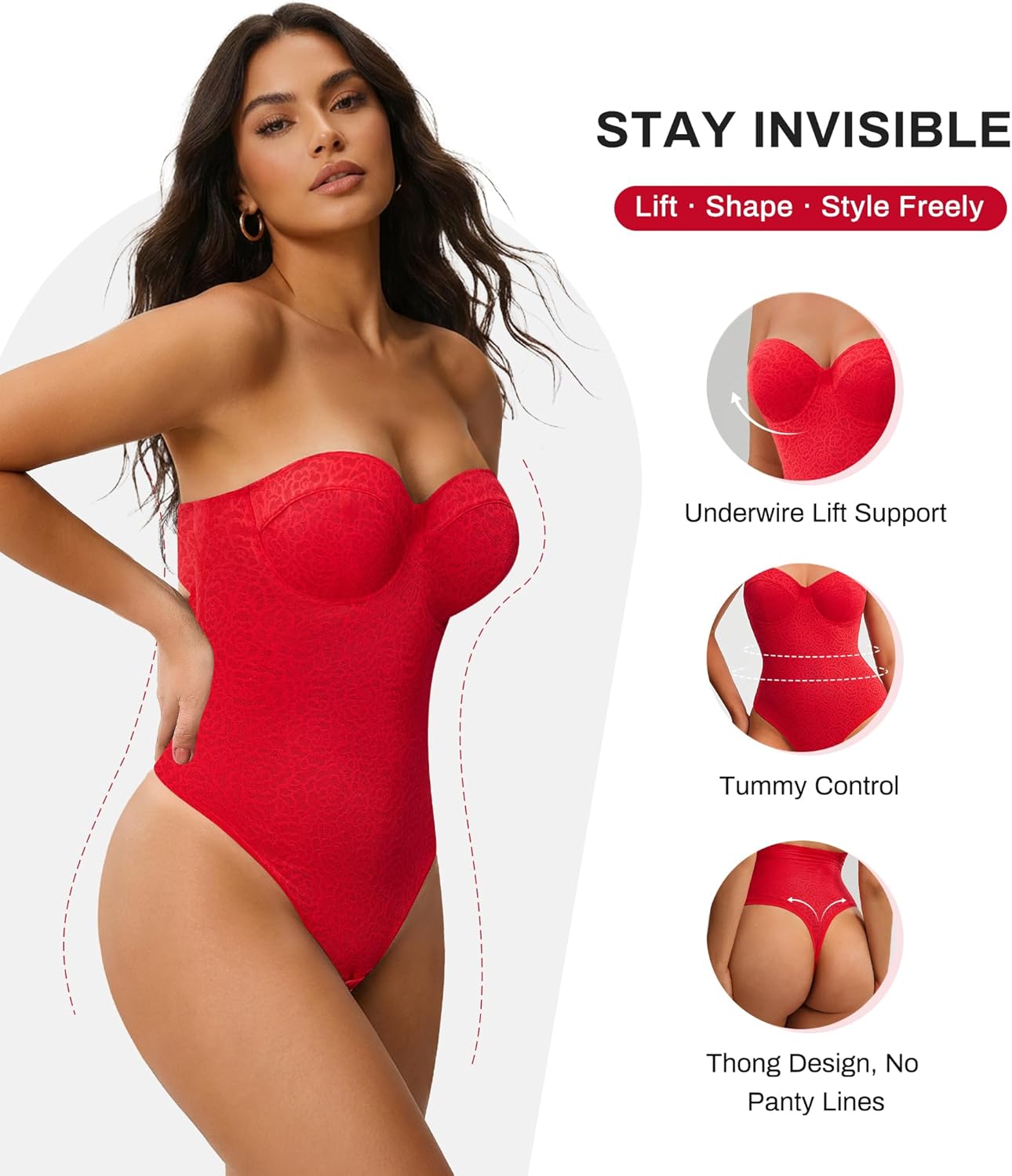 Nebility Strapless Shapewear Bodysuit for Women - Thong Body Suits Tummy Control Body Shaper Underwire Lace Corset Tube Top - Image 5