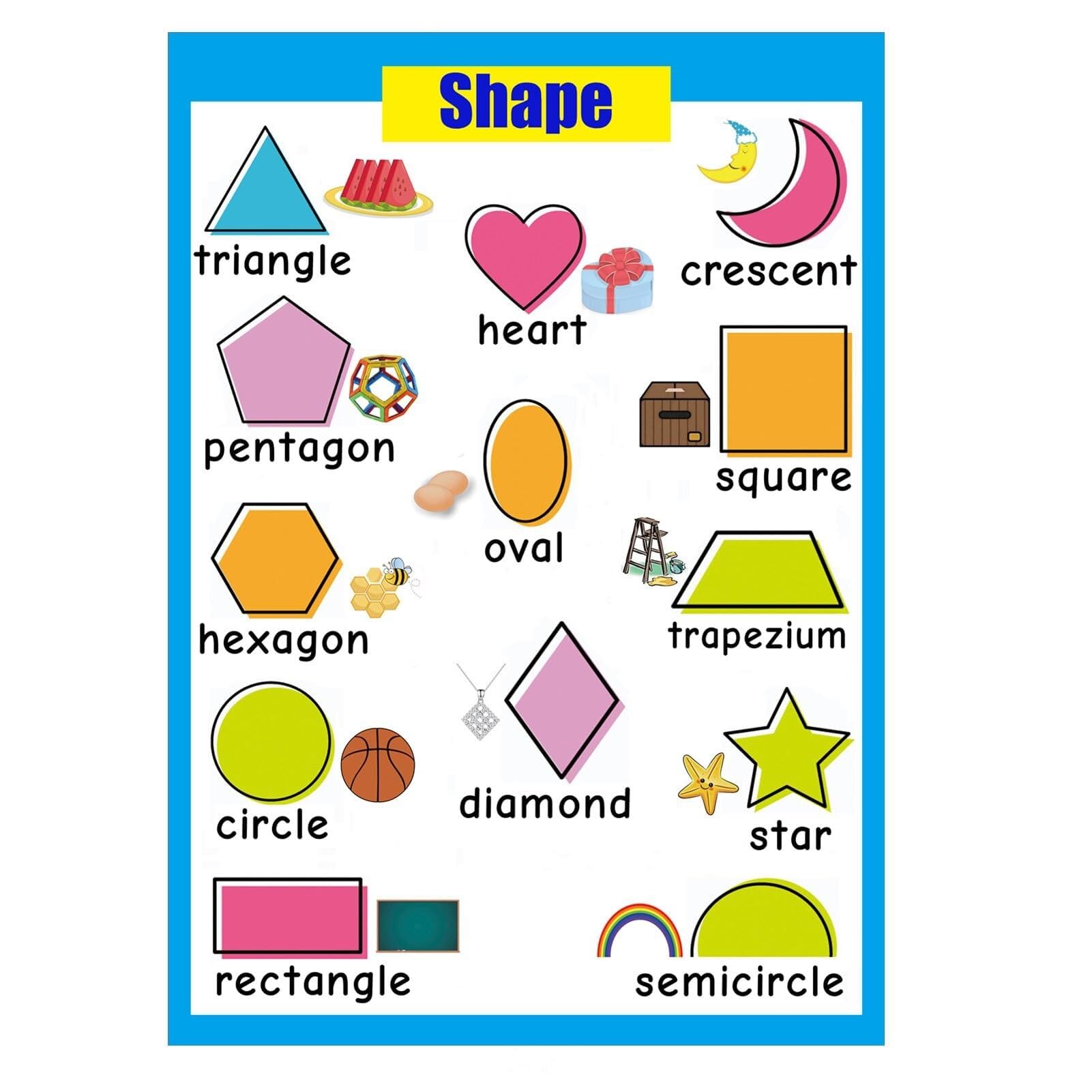 HGETJOHXEM Shapes & Words Learning Chart - 13 Illustrated Shapes Educational Poster for, Vibrant Wall Decor for Playroom, Nursery or Preschool Classroom(Framed,16x24inch(40x60cm))
