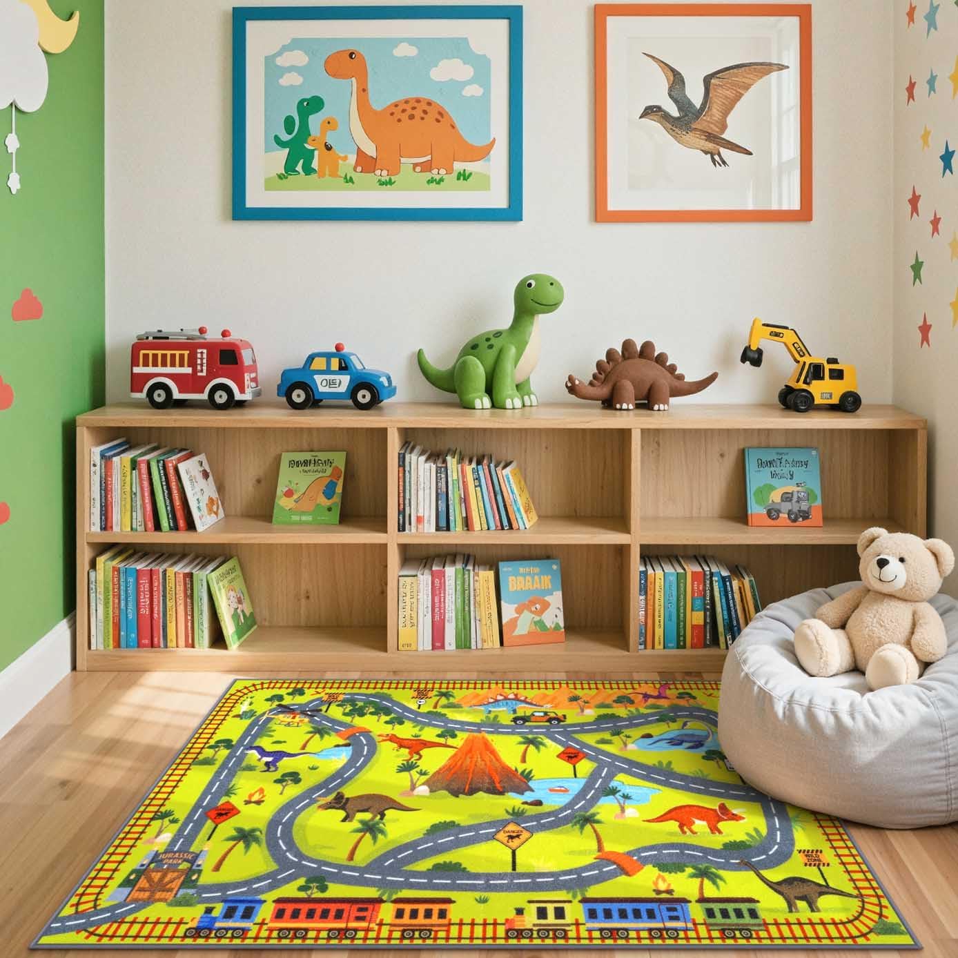 LIVEBOX Dinosaur Kids Play Rug, Washable Jurassic Park Themed Play Mat with Road Tracks, Non-Slip Dino Adventure Educational Car Carpet for Boys Bedroom Playroom (3x5 ft)