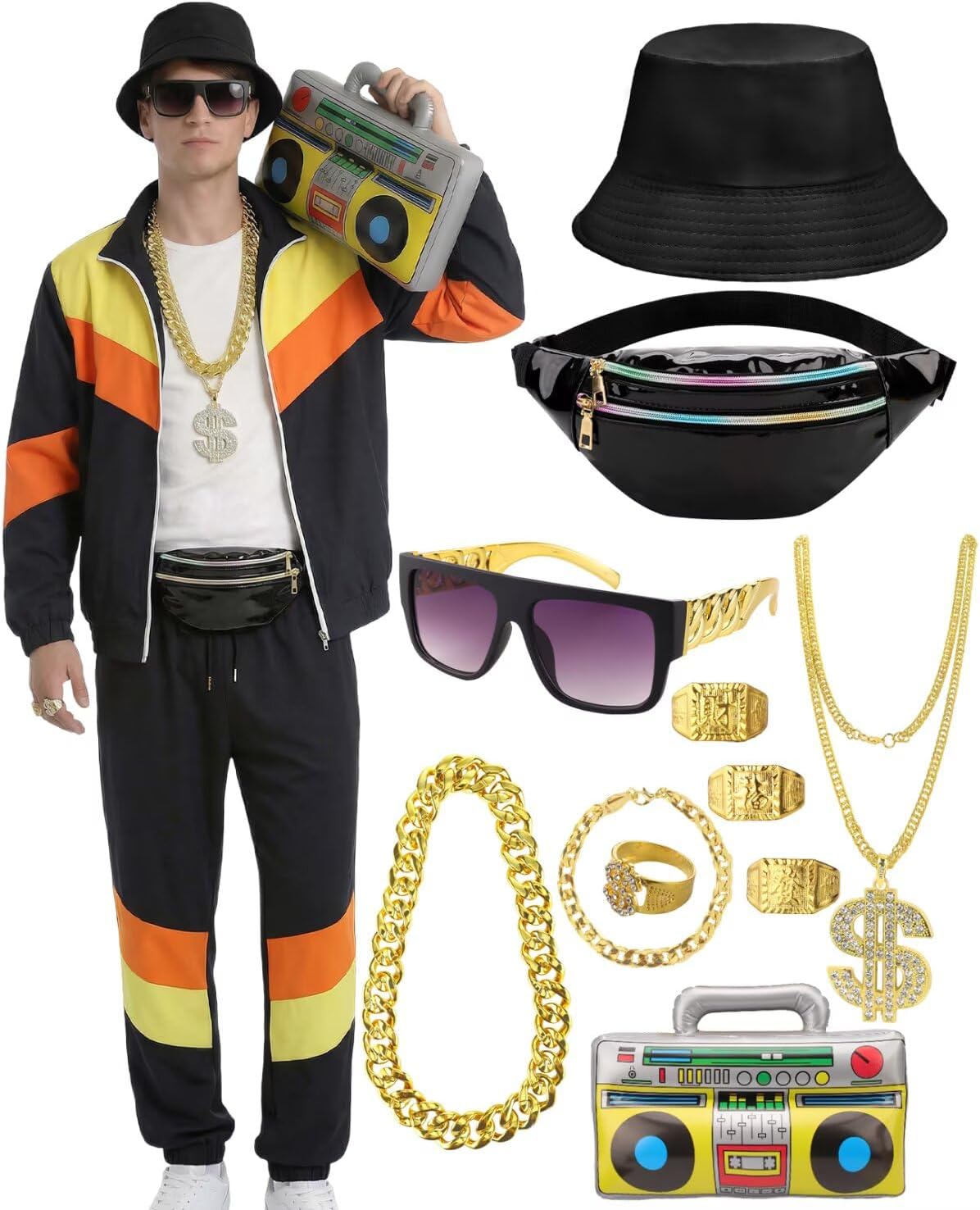 VillbeCoser 80s 90s Outfit for Men Tracksuit Costume, Hip Hop Hat Fanny Pack Ring Bracelet Gold Chain Rapper Sportswear