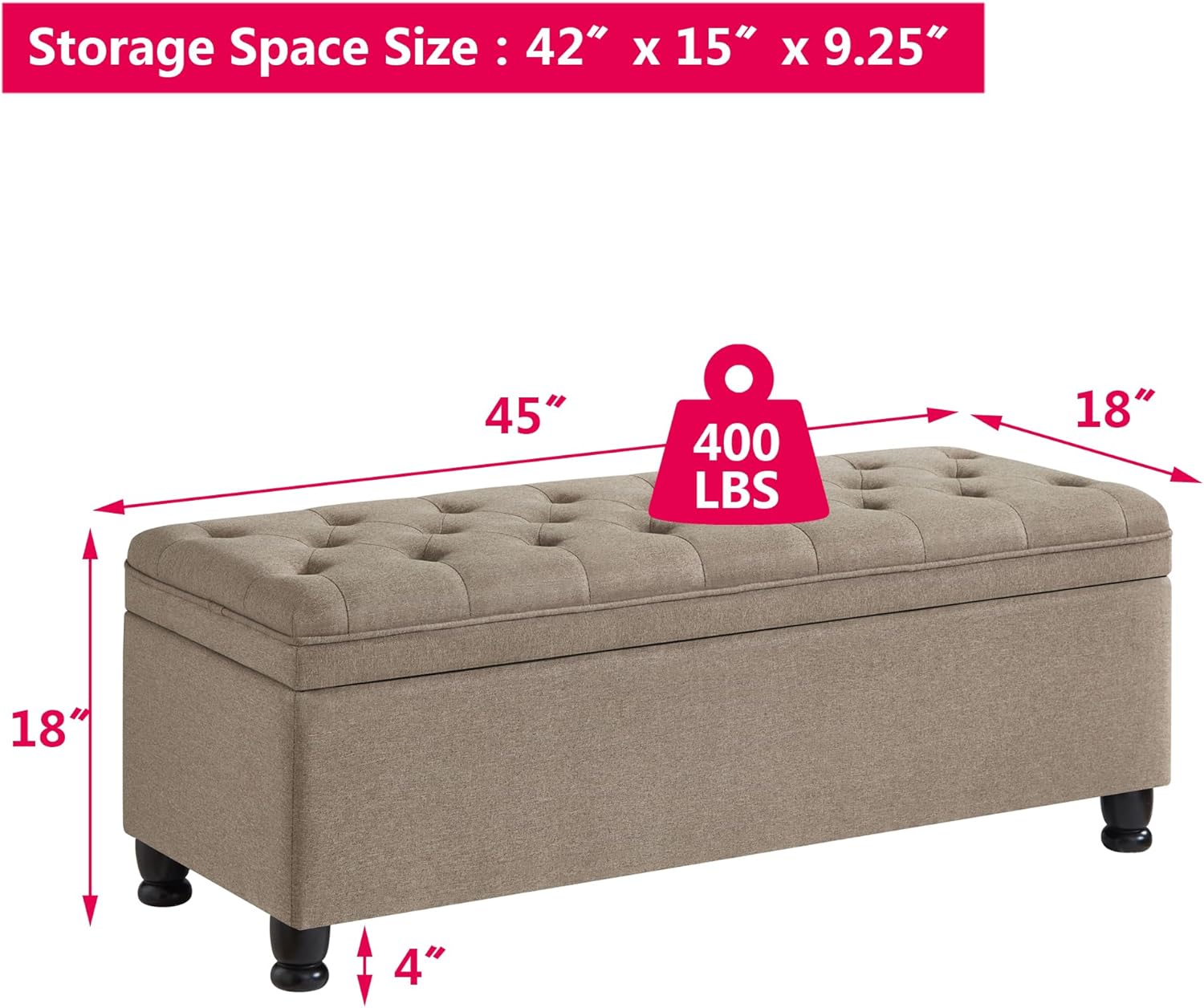 Betoko Linen Storage Benches for Bedroom End of Bed,Mid Century Modern Bed Ottoman Bench with Storage,Button Tufted 45" Long Storage Bench for Entryway Living Room Window (Linen Light Brown)