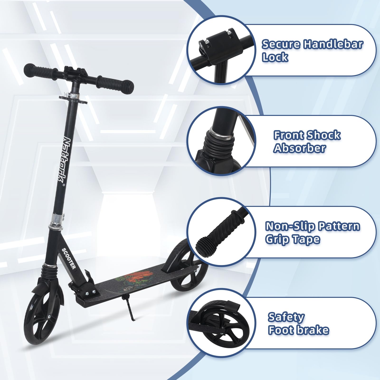 Nattork Trottinette pour enfants de 6 ans et plus, adolescents et adultes – Capacité de poids de 100 kg, amortisseur avant et guidon réglable – Roulement fluide avec roues robustes de 20,3 cm, idéale