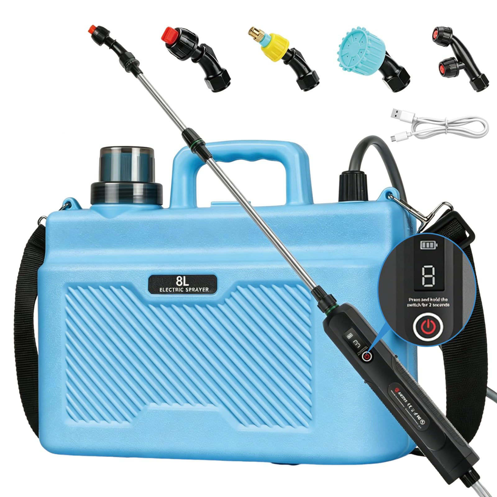 Yalitrca 8L Battery Powered Garden Sprayer, Rechargeable Electric Garden Sprayer with 3 Speeds Displayed, Pressure Sprayer With 4 Mist Nozzles and Telescopic Extension Rod, Pump Sprayer(Blue)