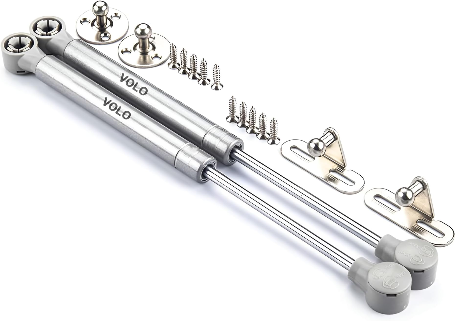VOLO Pack of 2 | 50N Hydraulic Gas Spring Stay Strut | 10 Inch Pneumatic Cabinet Door Lift Support Hinges for Up to 5 Kg | Silver
