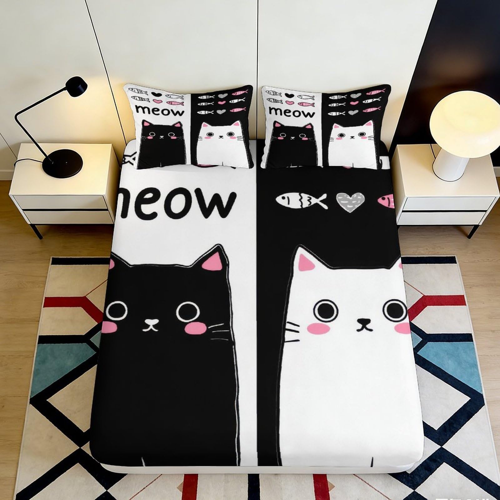 3D Printed Black Cat Fitted Sheet Microfiber Soft Pink White Cartoon Animal Bed Cover for Bedroom Guestroom Decor 140x200x25cm