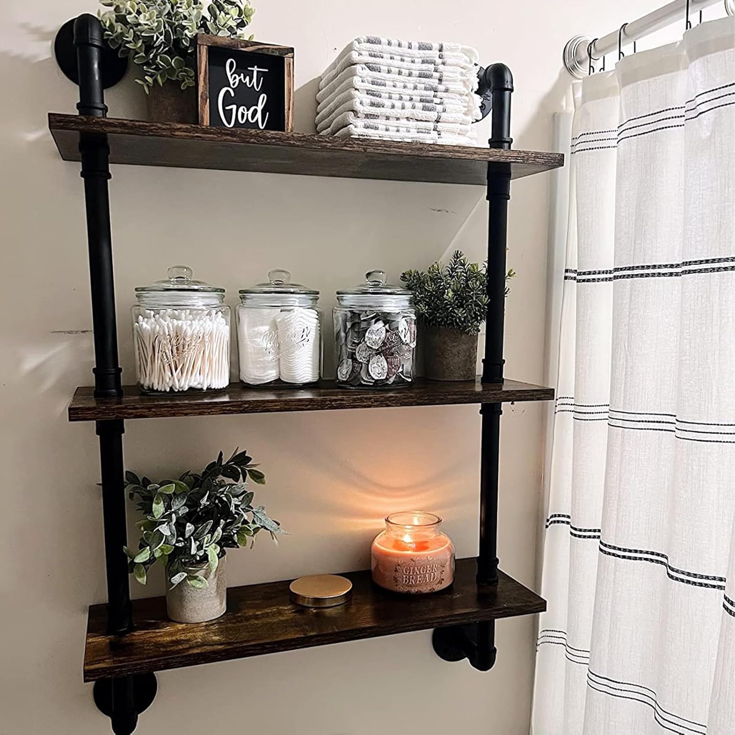 3-Tier Bathroom Shelves Wall Mounted, Floating Shelving Rustic Wood Wall Shelf, Easy Assemble Industrial Pipe Shelving for Bedroom Living Room Kitchen(120x25x100cm) ()