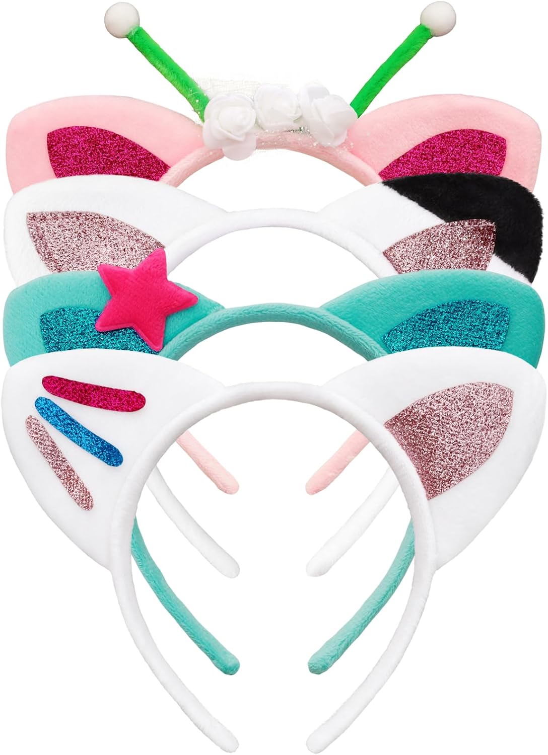 4 Pcs Cat Ears Headband Party Decorations Headbands Flannel Costume Accessories Glitter Hair Clips for Halloween Christmas Festival Theme Party