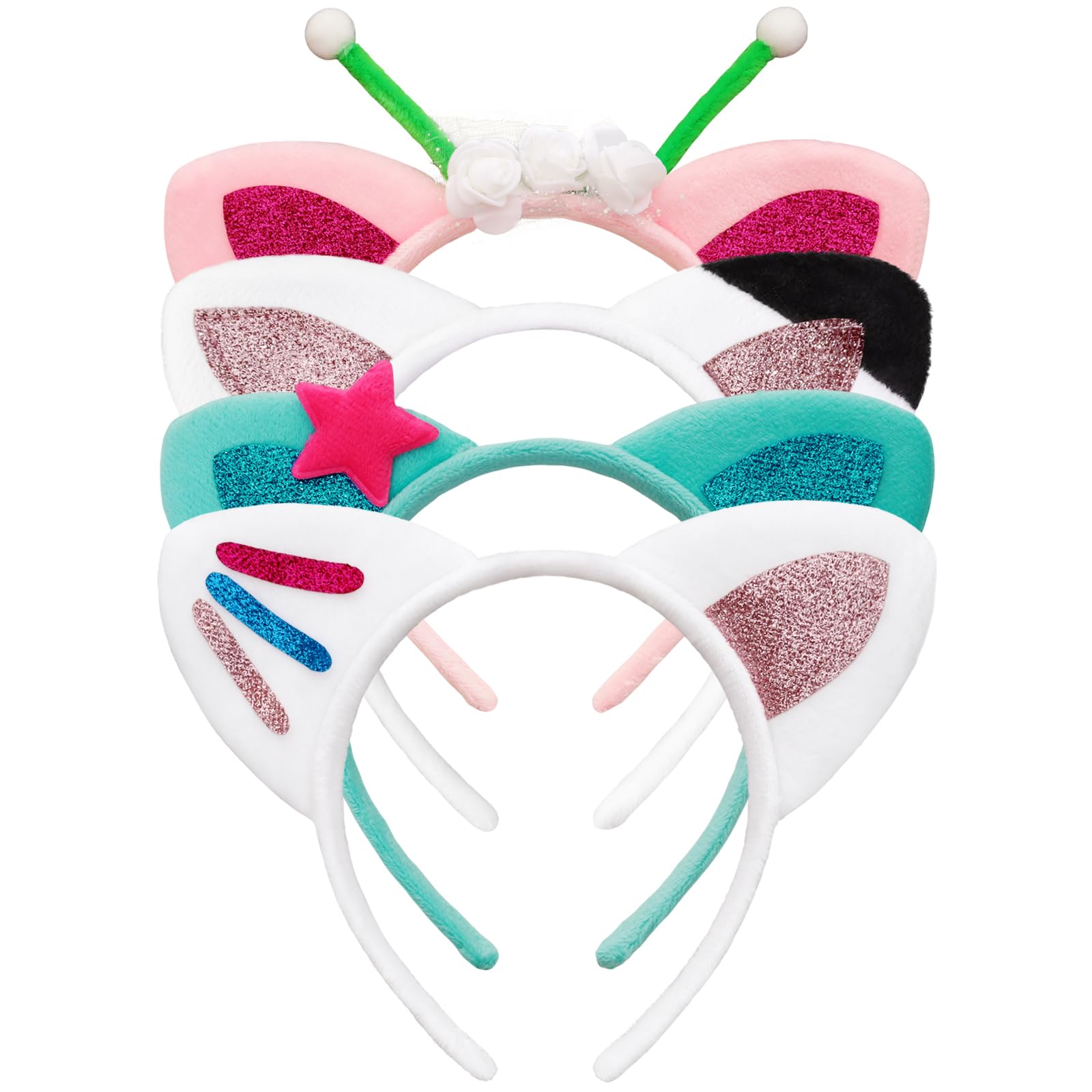 4 Pcs Cat Ears Headband Party Decorations Headbands Flannel Costume Accessories Glitter Hair Clips for Halloween Christmas Festival Theme Party