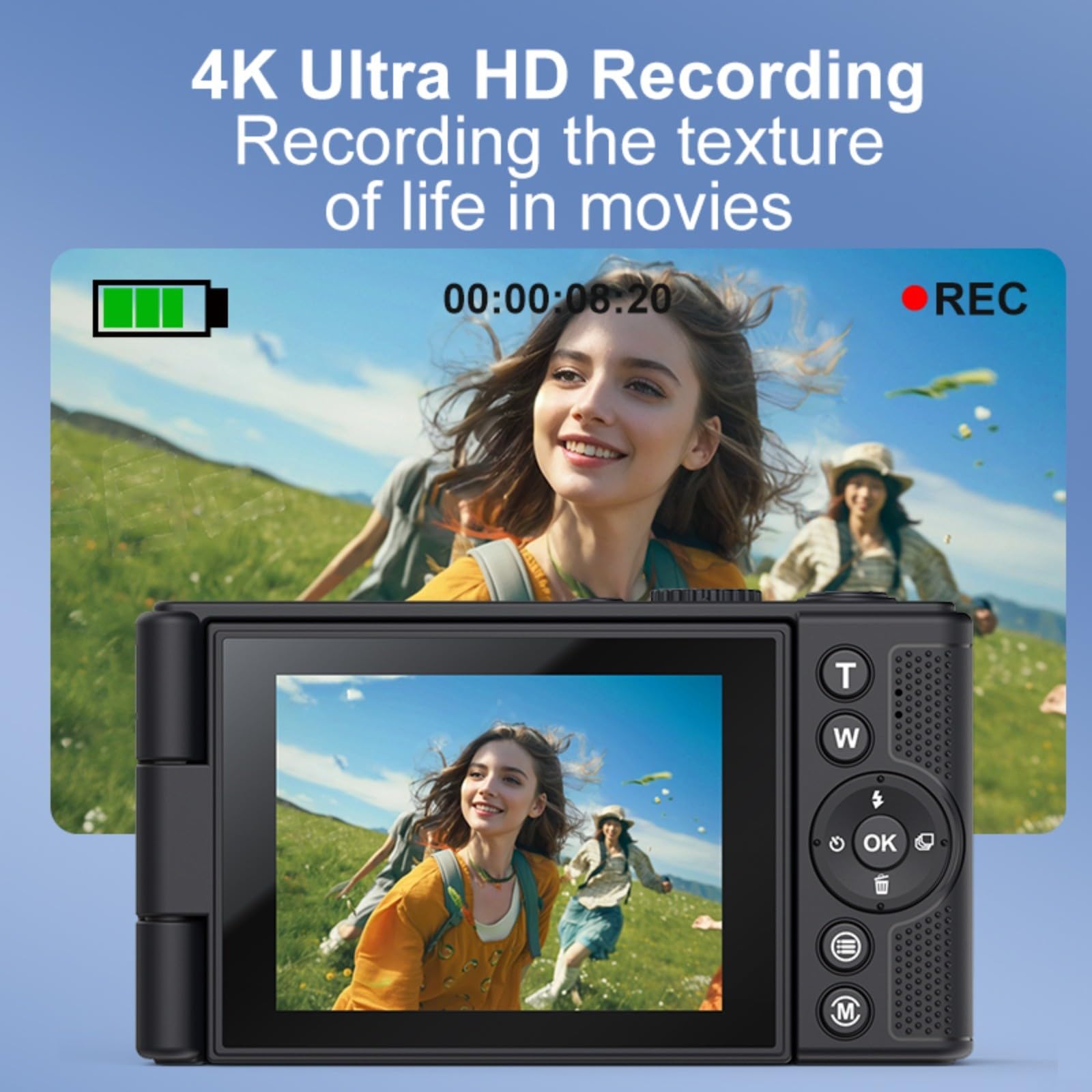Fotocamera digitale da 64 MP 4K con zoom 16X e schermo a ribalta, telecamera compatta per vlogging per viaggi, studenti e selfie (bianco 32G)
