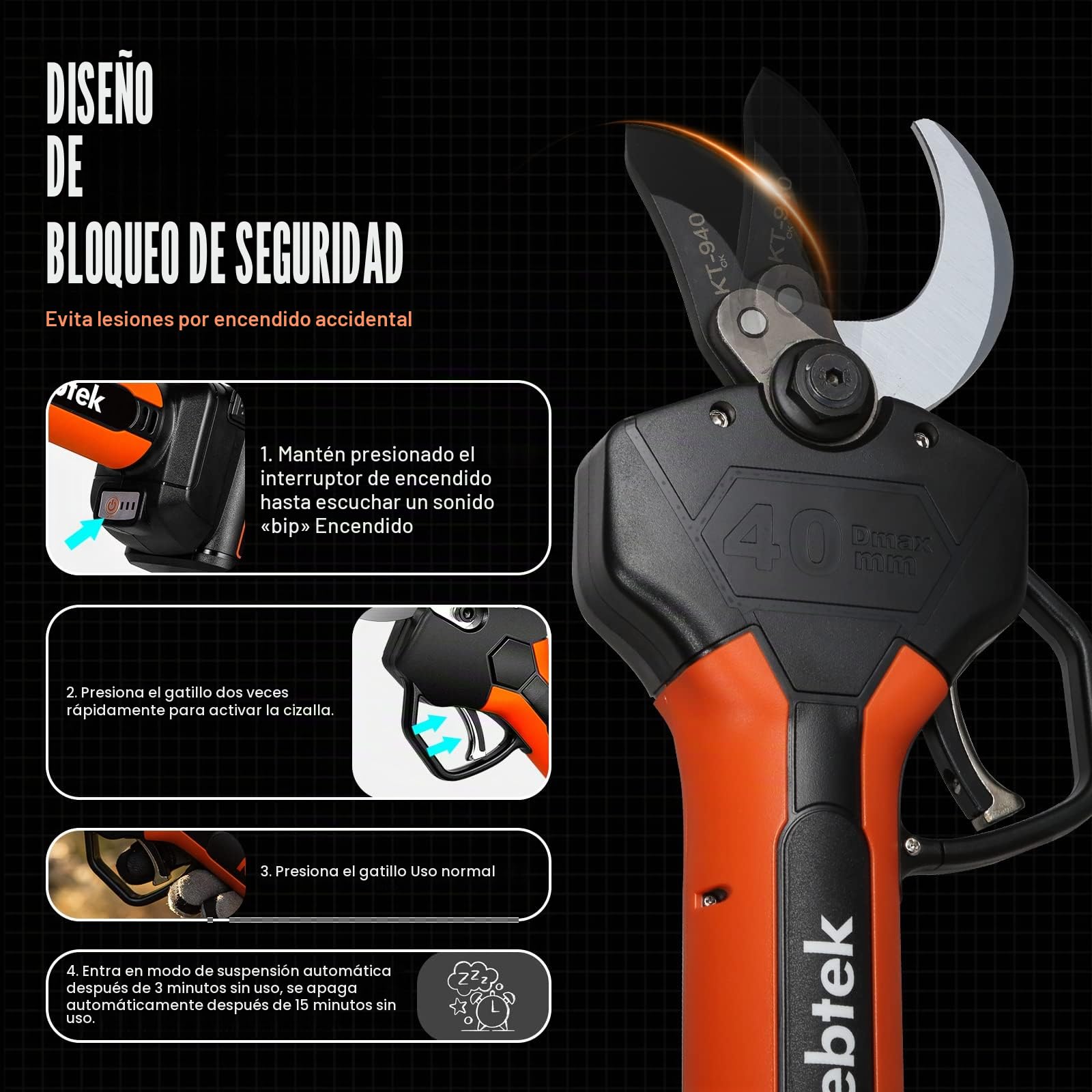 Kebtek - Juego de tijeras de podar con batería (40 mm, 21 V, 2 unidades, 2 Ah, baterías de litio)