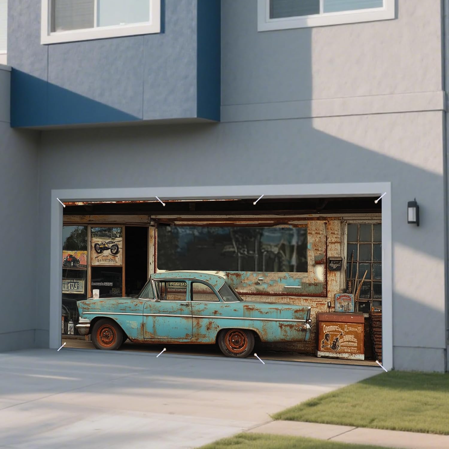 Nuxovilar Garage Door Cover Polyester 157.48x70.86 Inches - Door Cover for Rusty Vintage Car Decor, Old Auto Shop, Retro Garage
