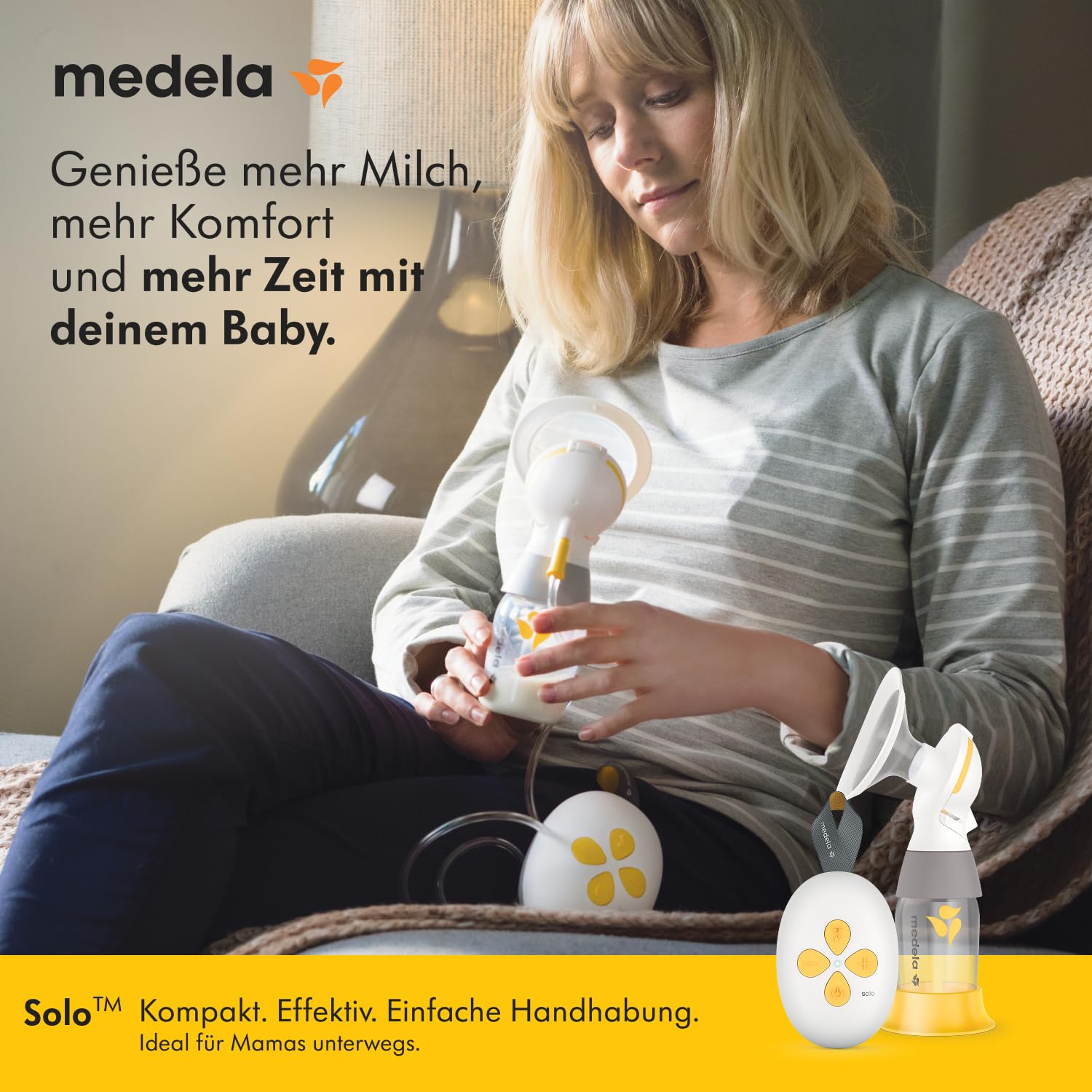 Medela Solo Elektrische Einseitige Milchpumpe – Leiser Betrieb – Aufladbar über USB – Mit PersonalFit Flex Brusthaube und Medela 2-Phase-Expression-Technologie